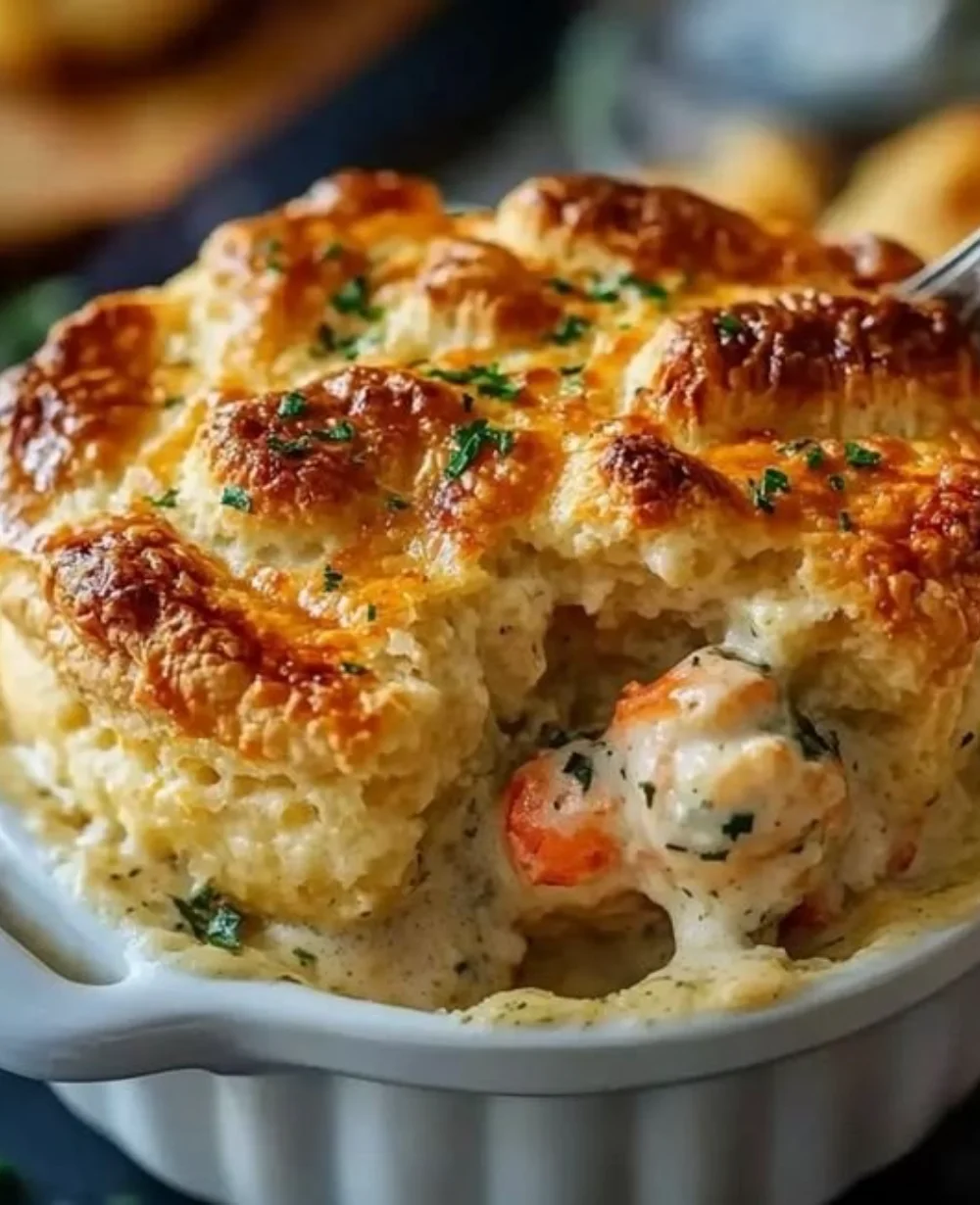 Cheddar Bay Biscuit Seafood Pot Pie topped with flaky biscuits
