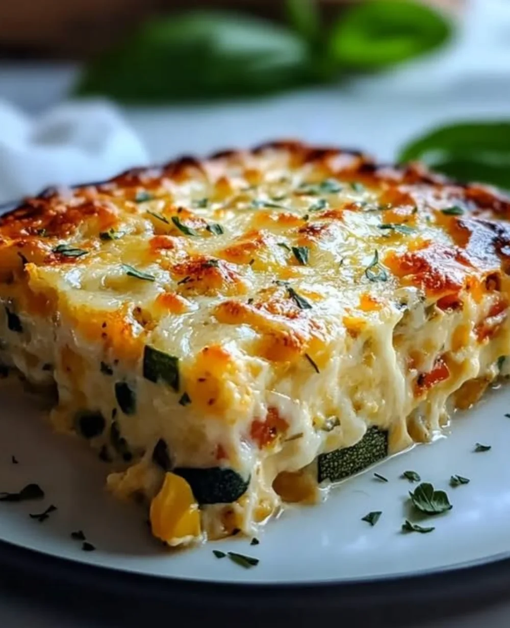 Baked cottage cheese and vegetable casserole dish, freshly prepared