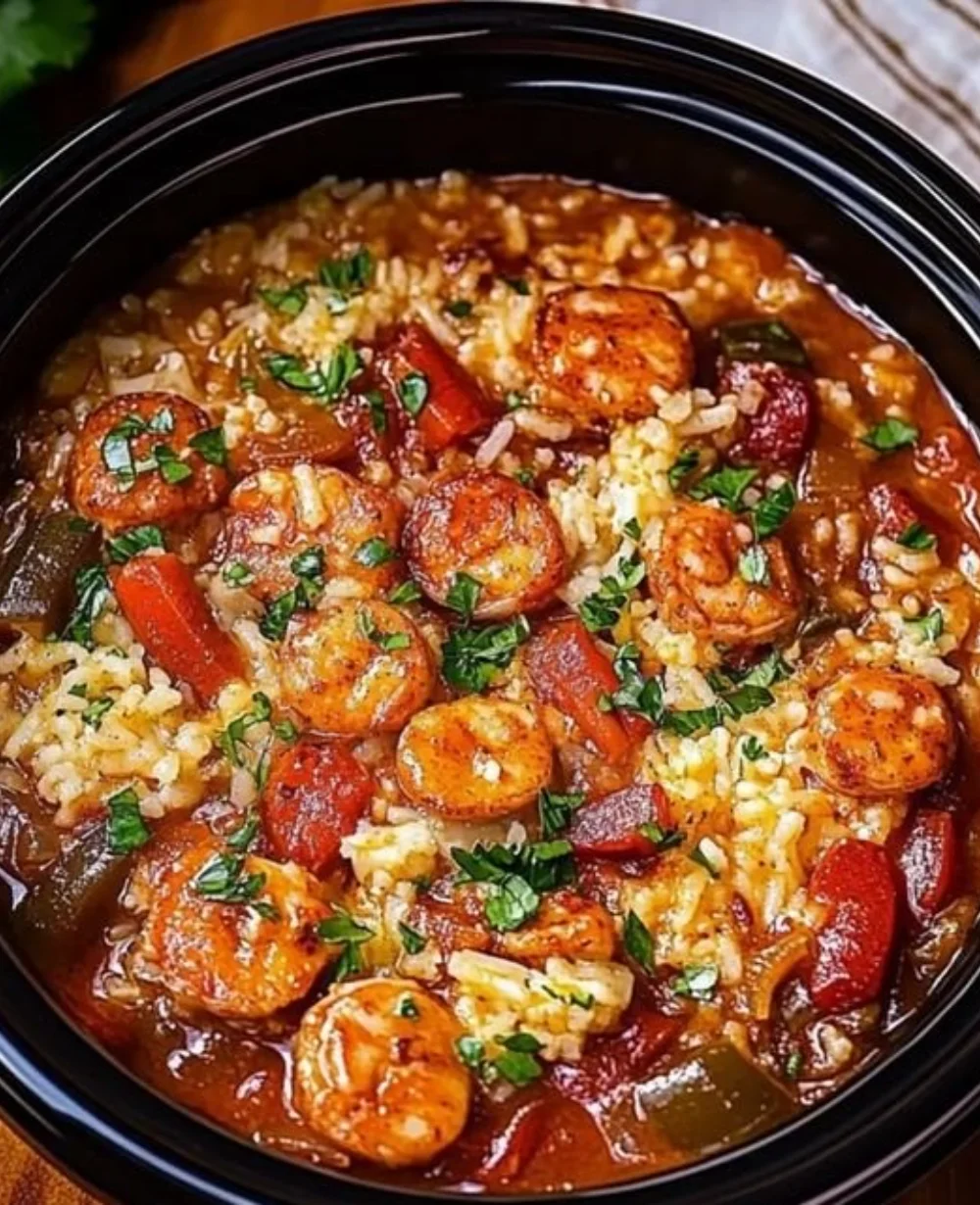 Delicious Crockpot Jambalaya served in a bowl with fresh ingredients.