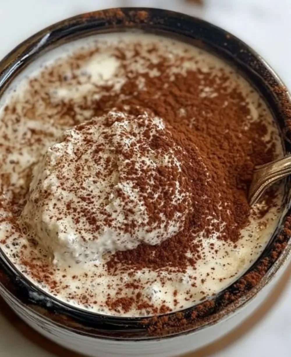 Bowl of irresistible tiramisu chia pudding topped with cocoa and coffee