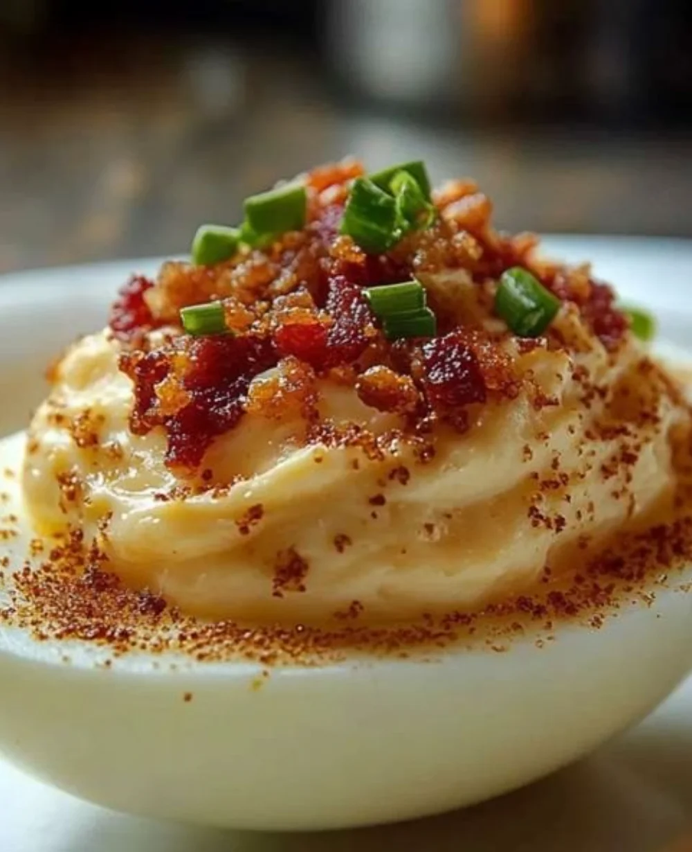 Plate of creamy million dollar bacon deviled eggs garnished with herbs