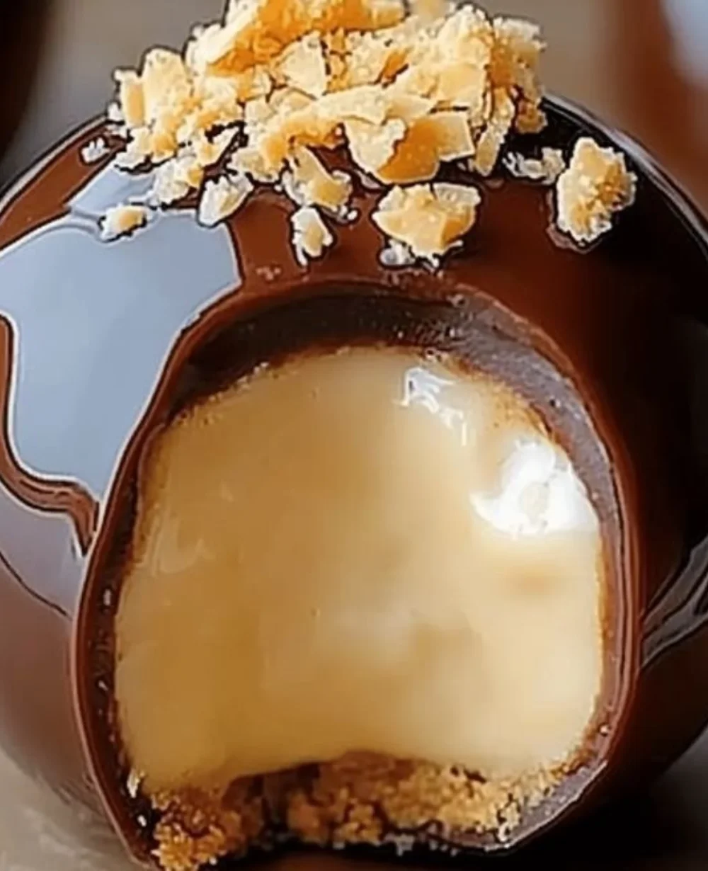 No-bake peanut butter cheesecake balls plated with chocolate drizzle.