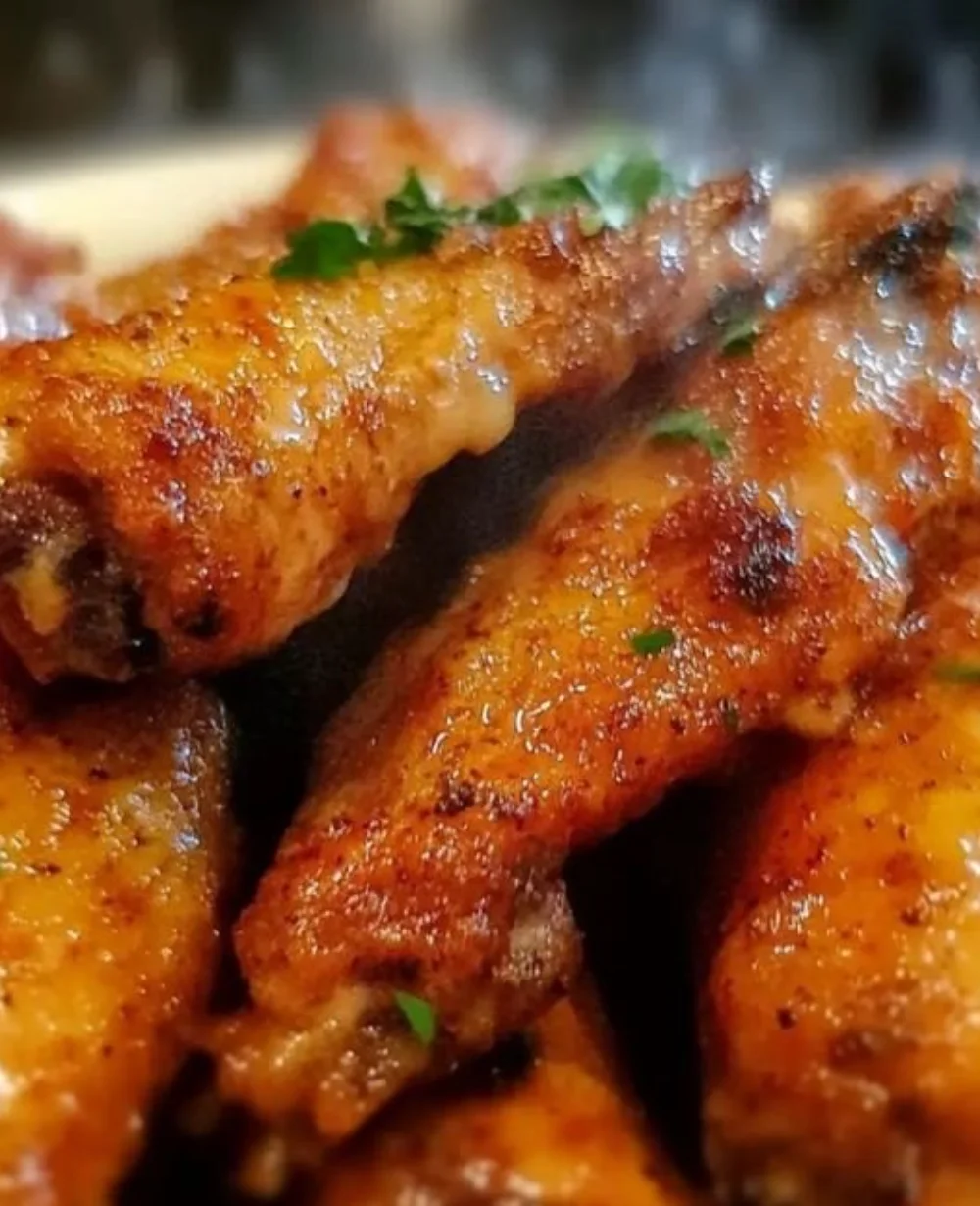 Plate of juicy cowboy butter chicken wings garnished with herbs