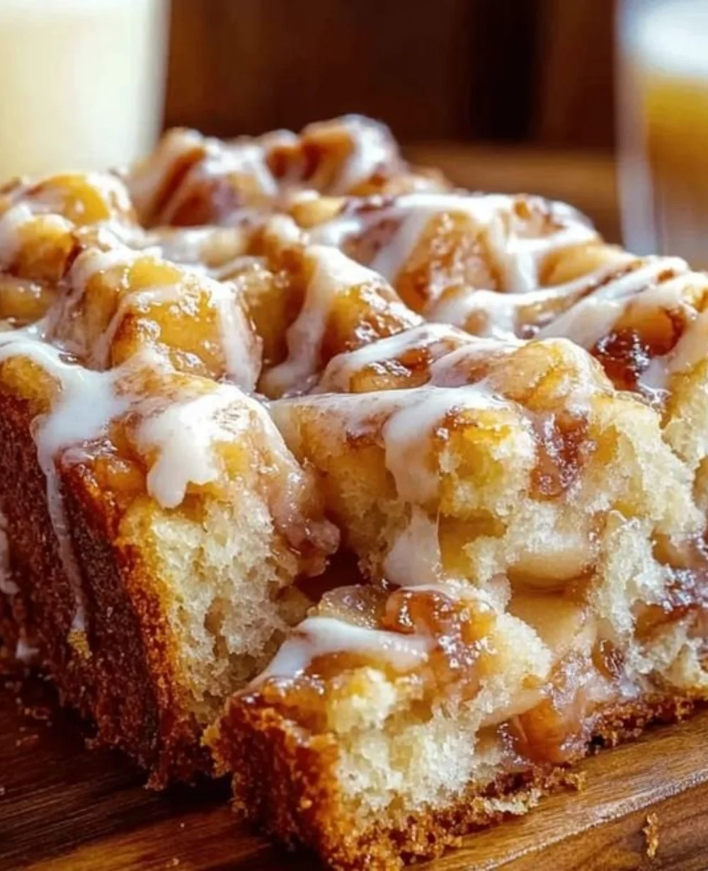 Loaf of moist Amish apple fritter bread with icing drizzle and apple chunks