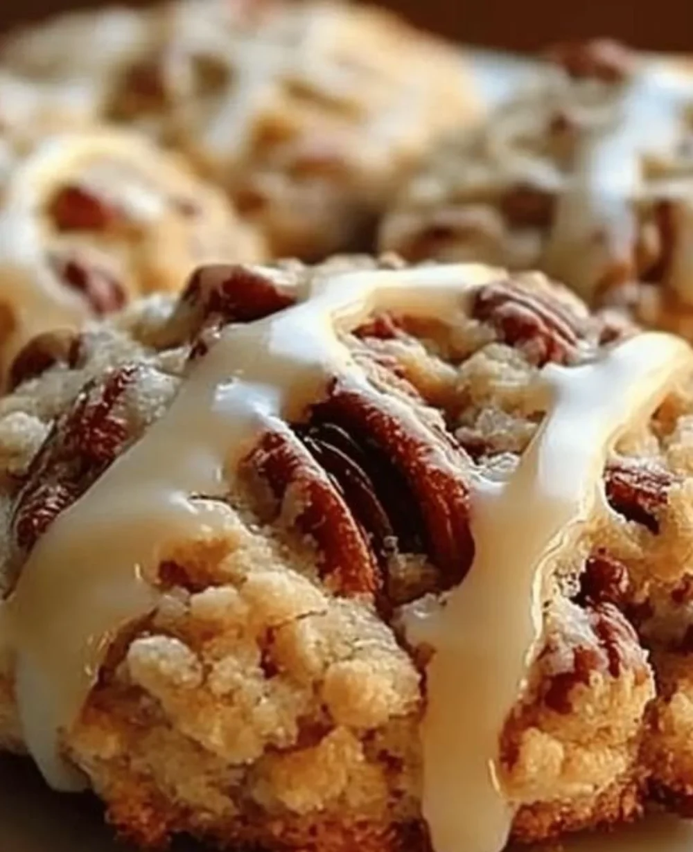 Maple pecan shortbread cookies stacked on a plate with a sprinkle of nuts