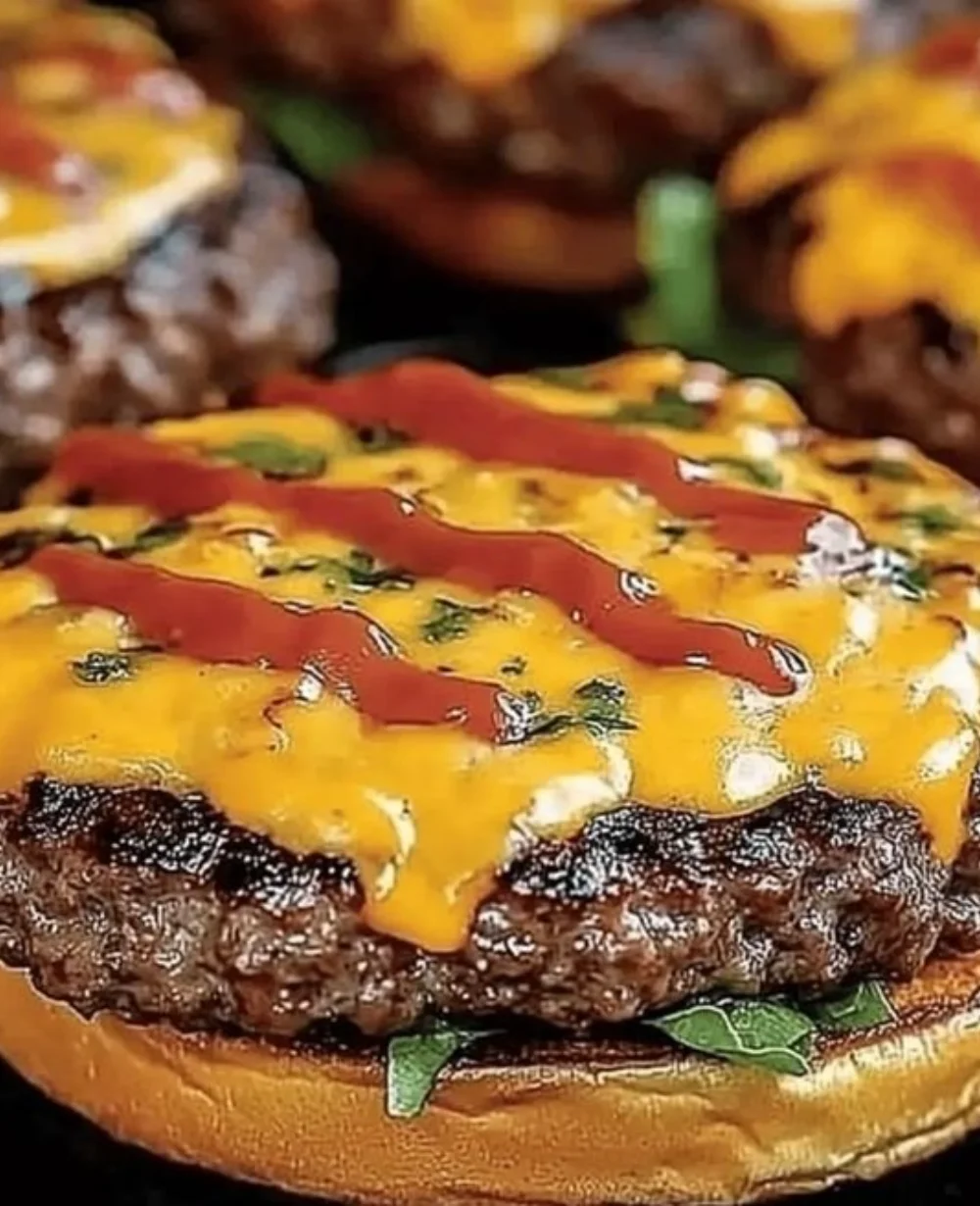 Delicious Crack Burgers on a grill ready for BBQ