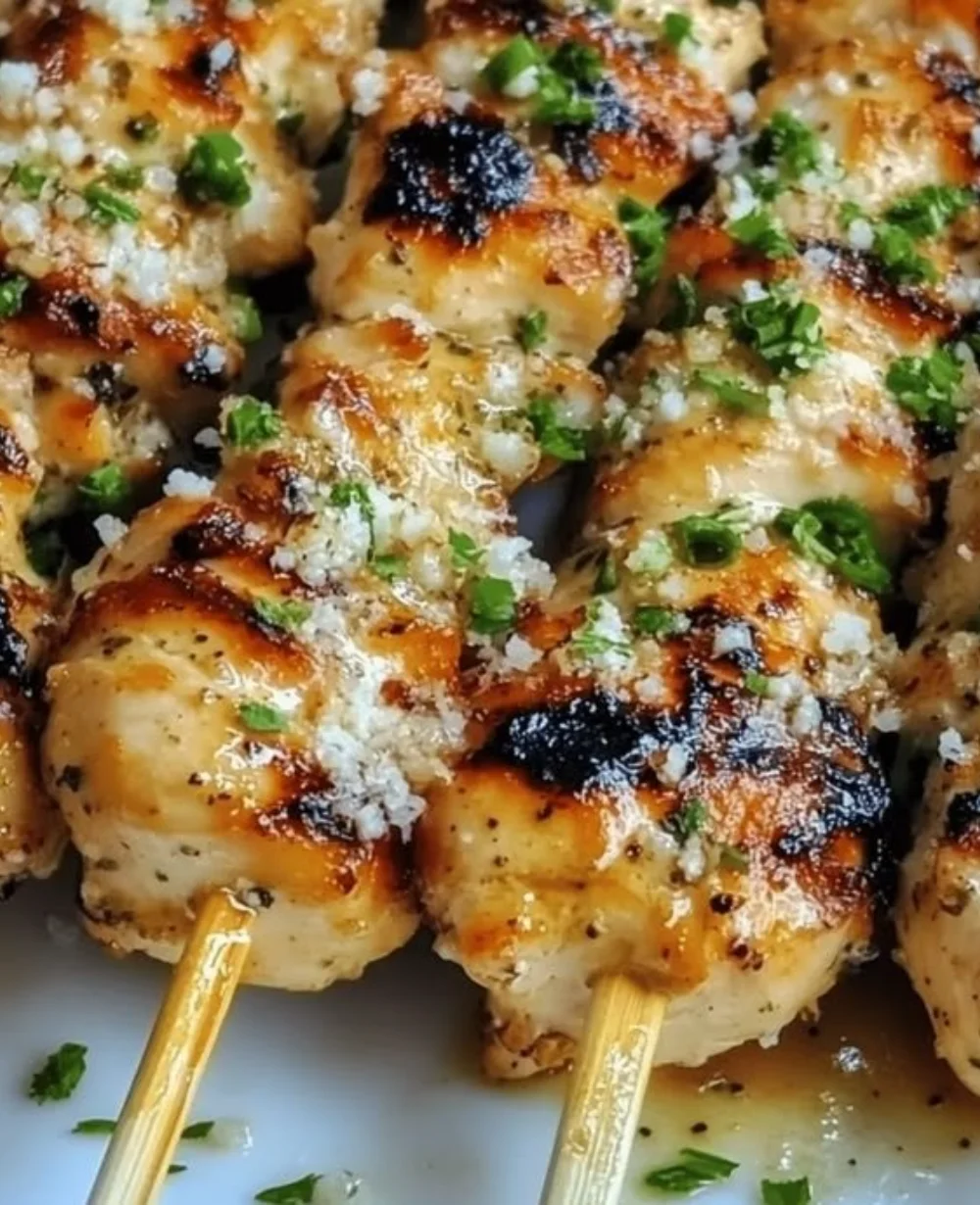 Juicy Garlic Parmesan Chicken skewers garnished with herbs on a plate.