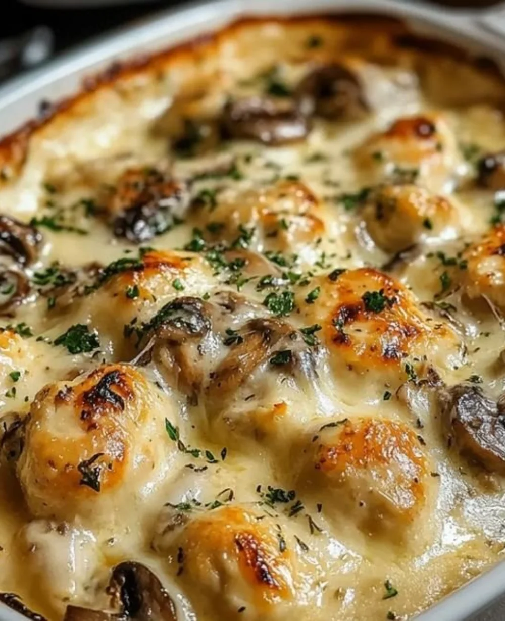 Delicious Keto Garlic Mushroom Chicken Casserole with creamy sauce and mushrooms