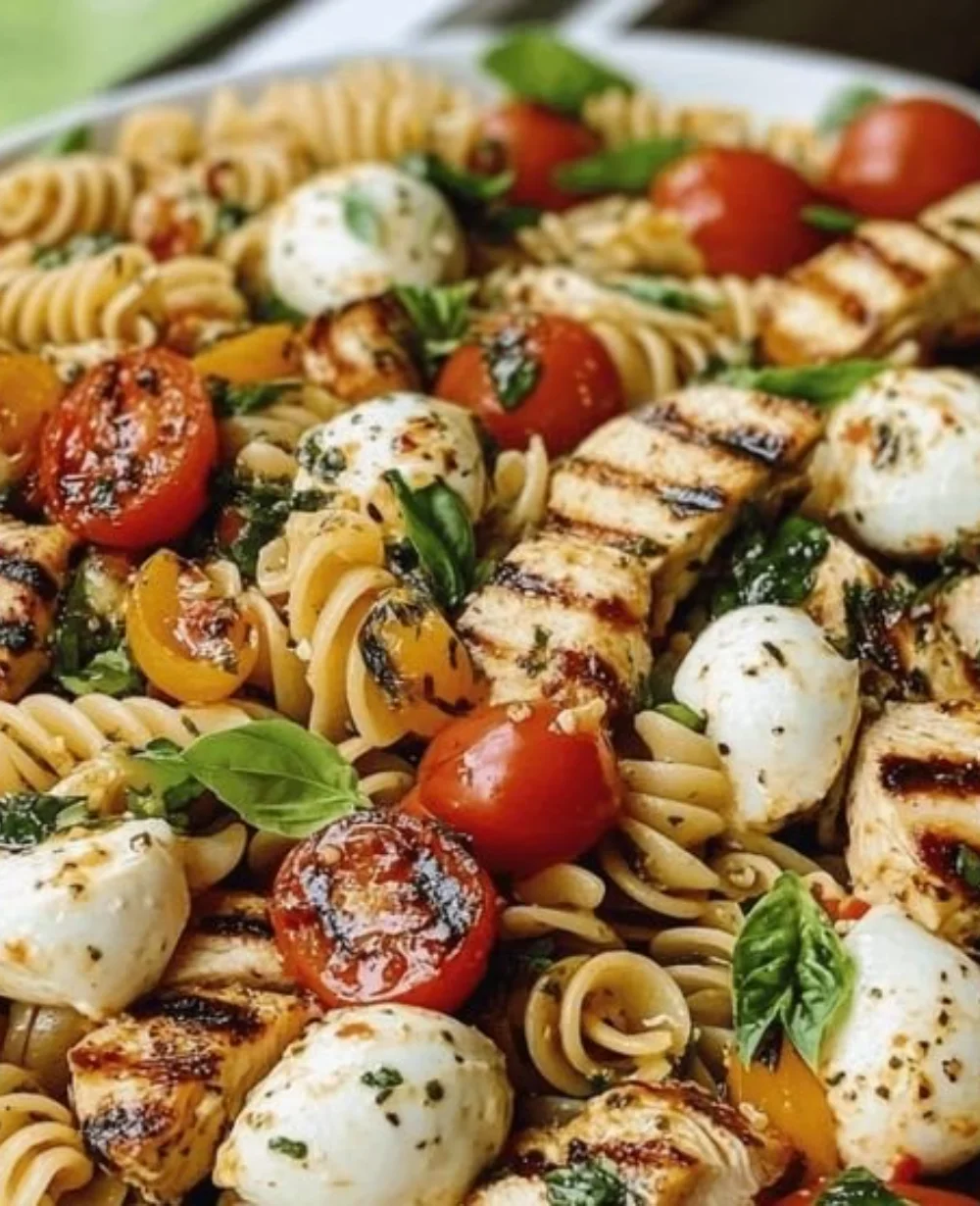 Layered Grilled Chicken Caprese Pasta Salad with fresh ingredients and vibrant colors