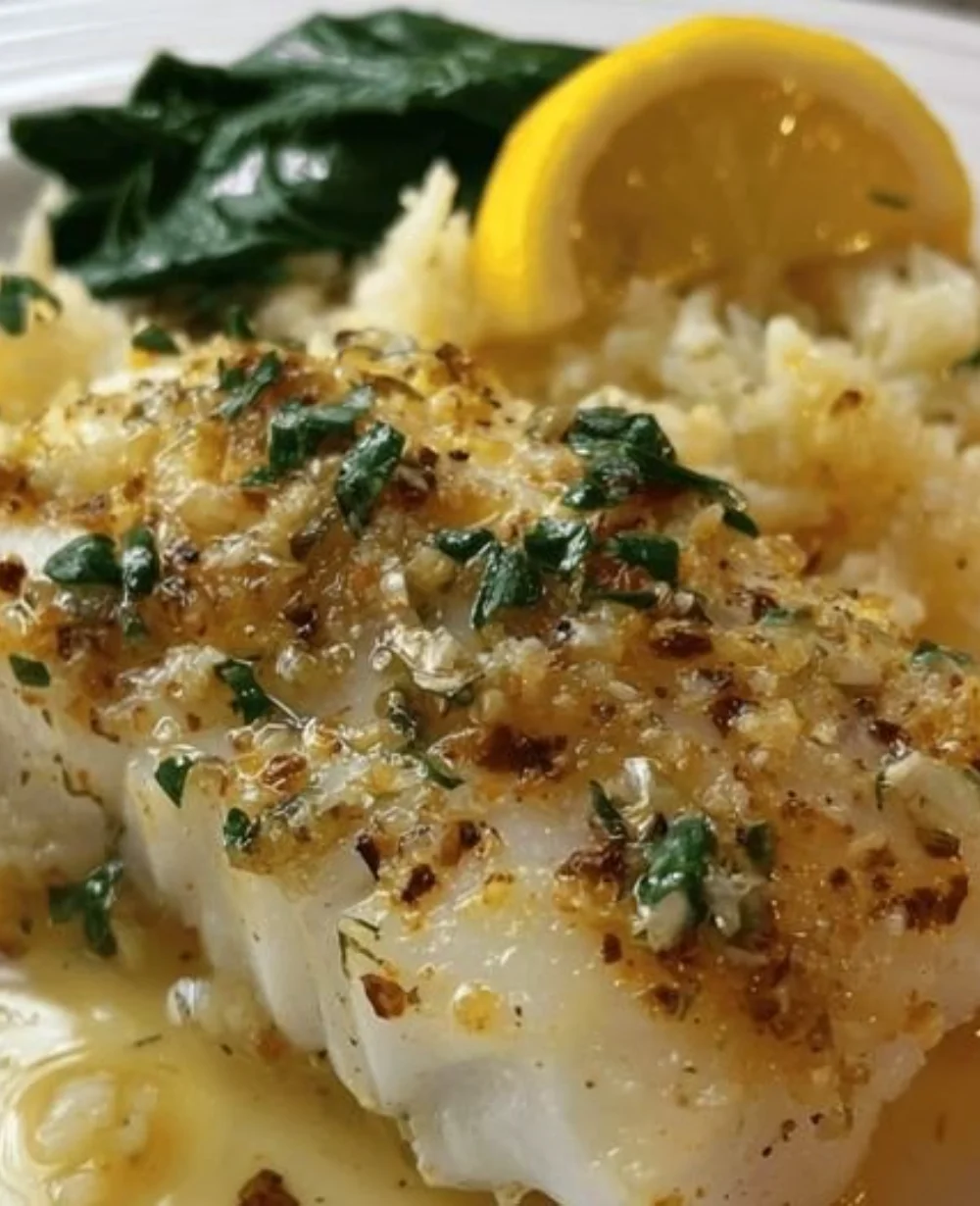 Lemon butter baked cod served with fresh herbs and lemon slices