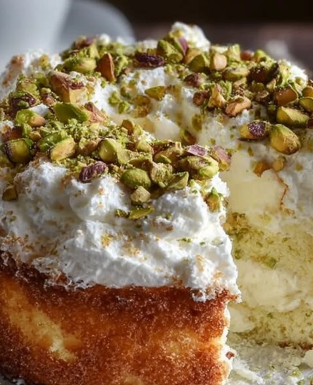 Lemon pistachio ricotta cloud cake topped with fresh lemon zest