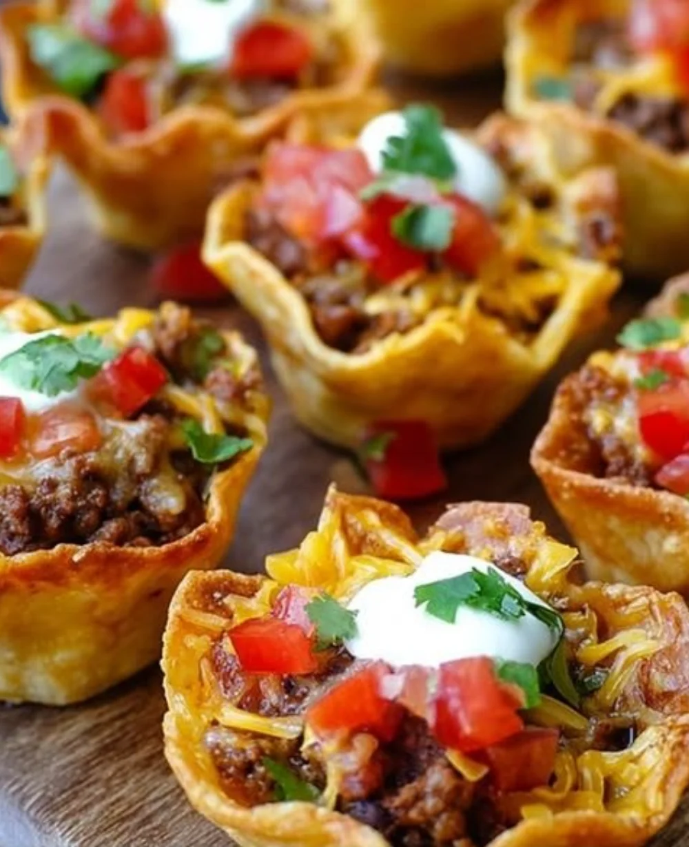Delicious lil taco cups garnished with toppings ready to be served.