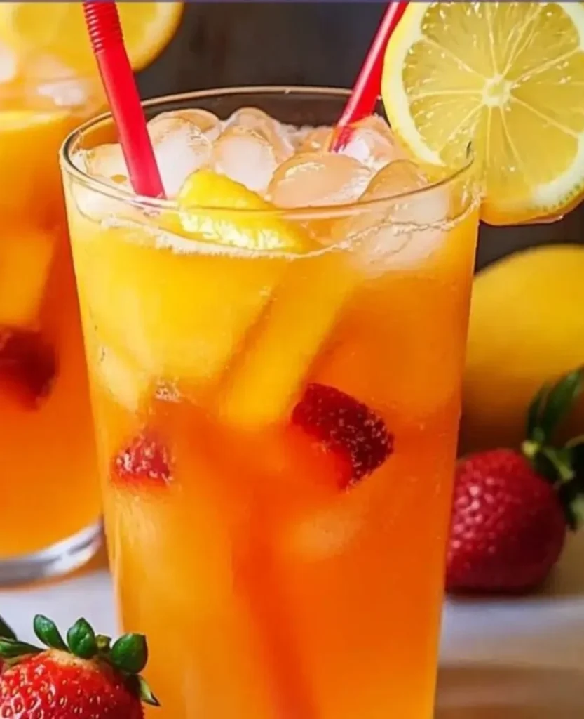 A refreshing glass of Mango Strawberry Lemonade with fresh fruit garnish