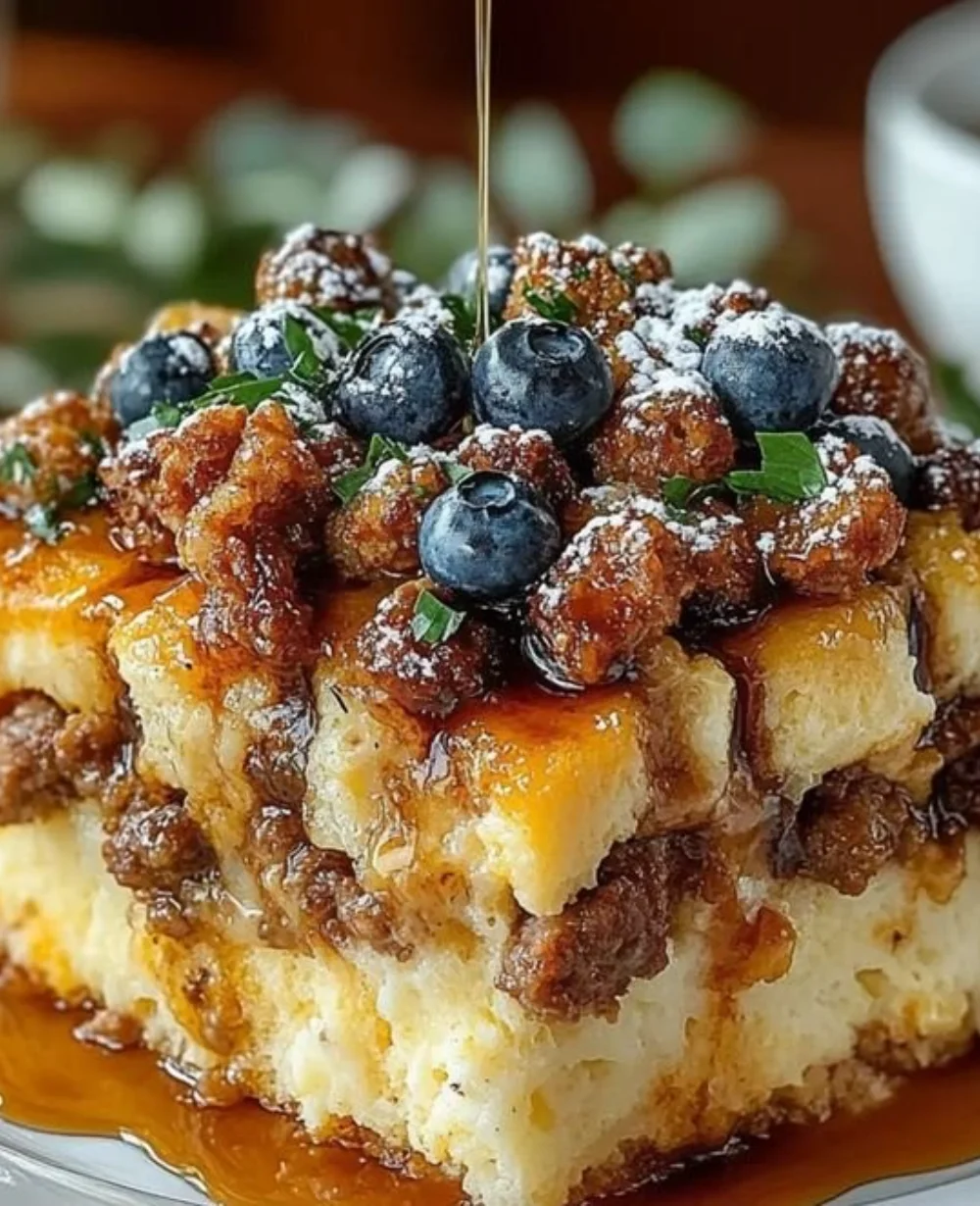 Delicious Maple Sausage Breakfast Casserole with sweet and savory flavors.