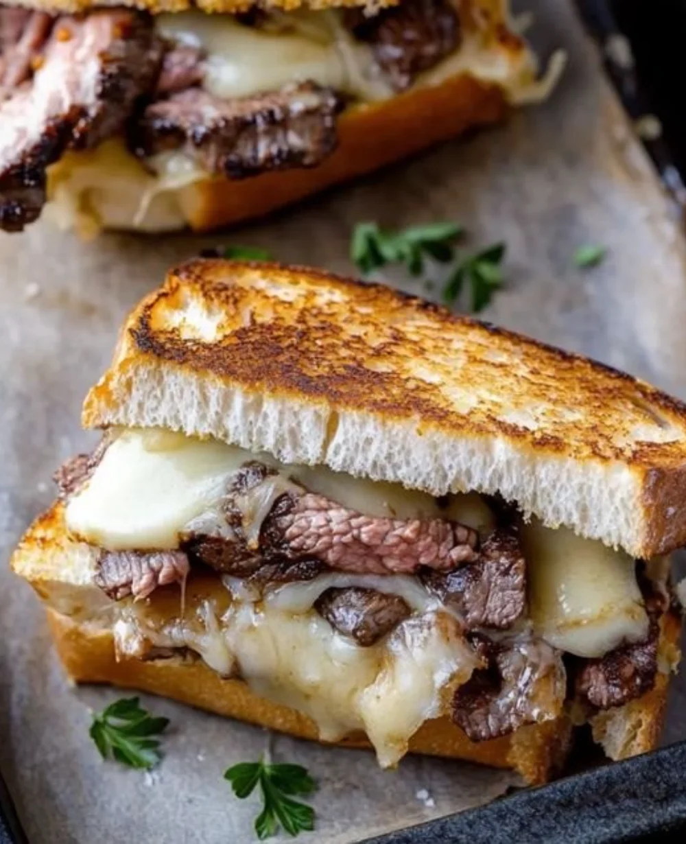 Melty Havarti steak sandwich loaded with tender steak and creamy cheese.