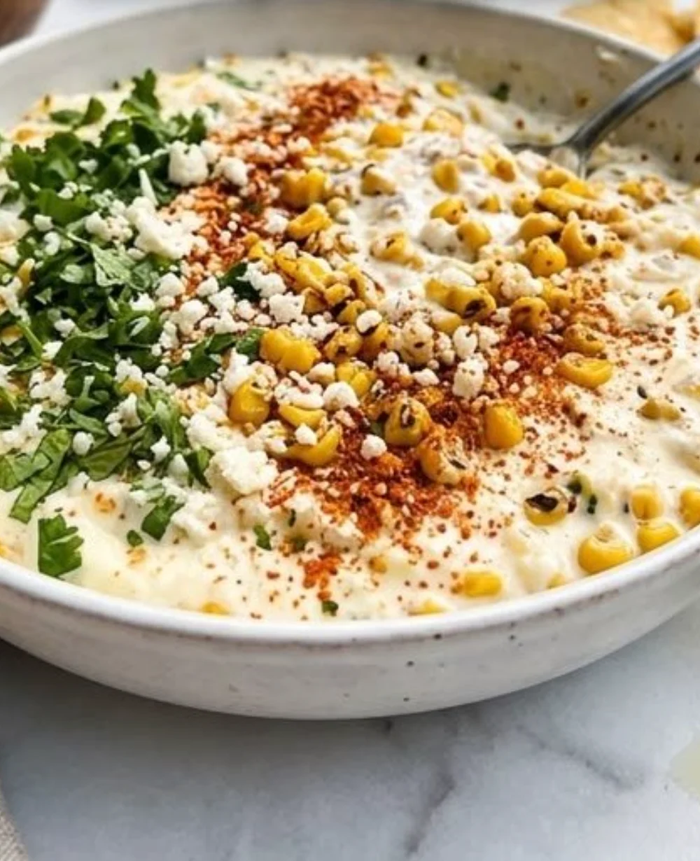 Delicious Mexican Street Corn Dip served in a bowl with toppings.
