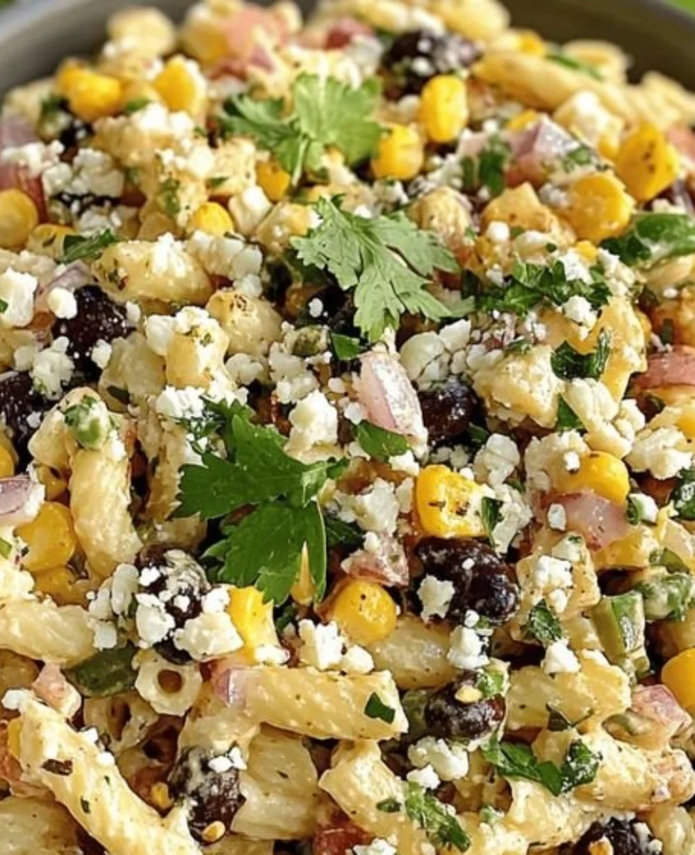 Bowl of Mexican street corn pasta salad with fresh ingredients and colorful toppings