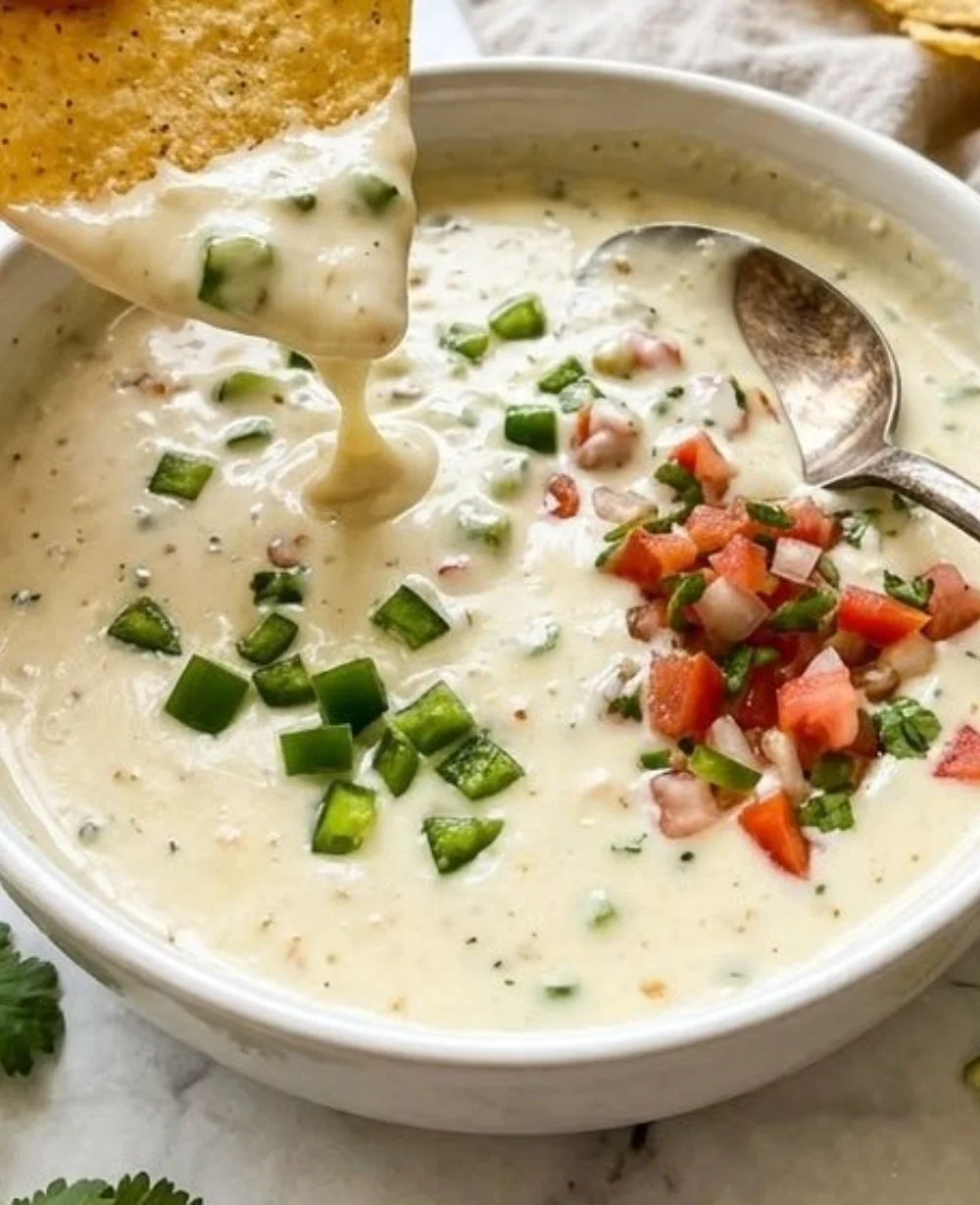 Creamy Queso Blanco dip served with tortilla chips on a wooden table