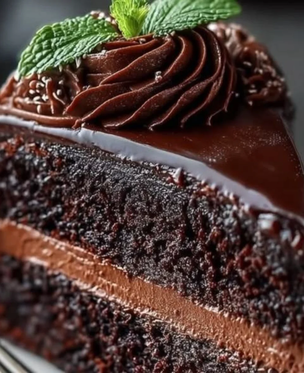 Decadent Midnight Fudge Cake with smooth chocolate layers and velvety frosting.