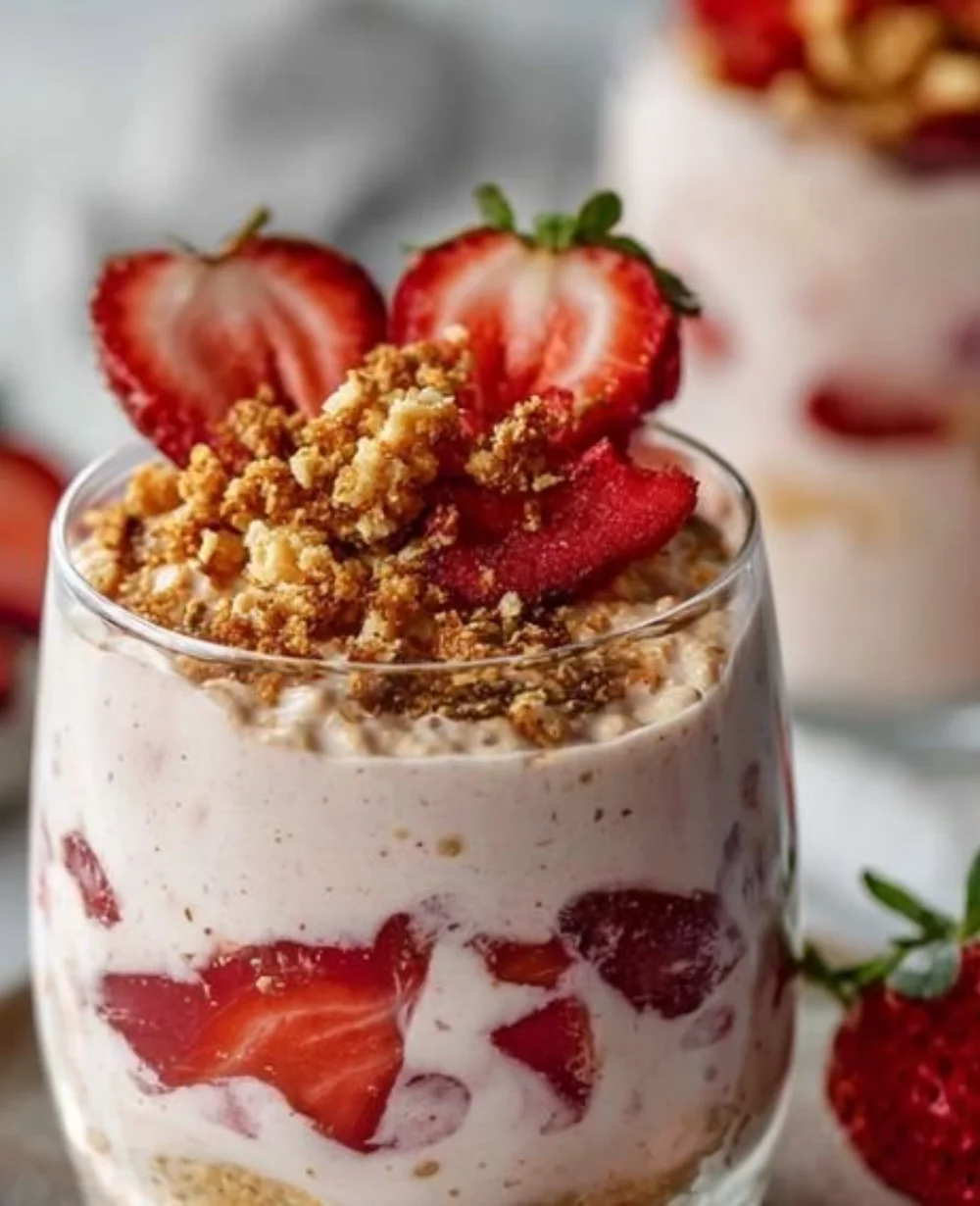 Strawberry cheesecake overnight oats in a glass jar topped with fresh strawberries