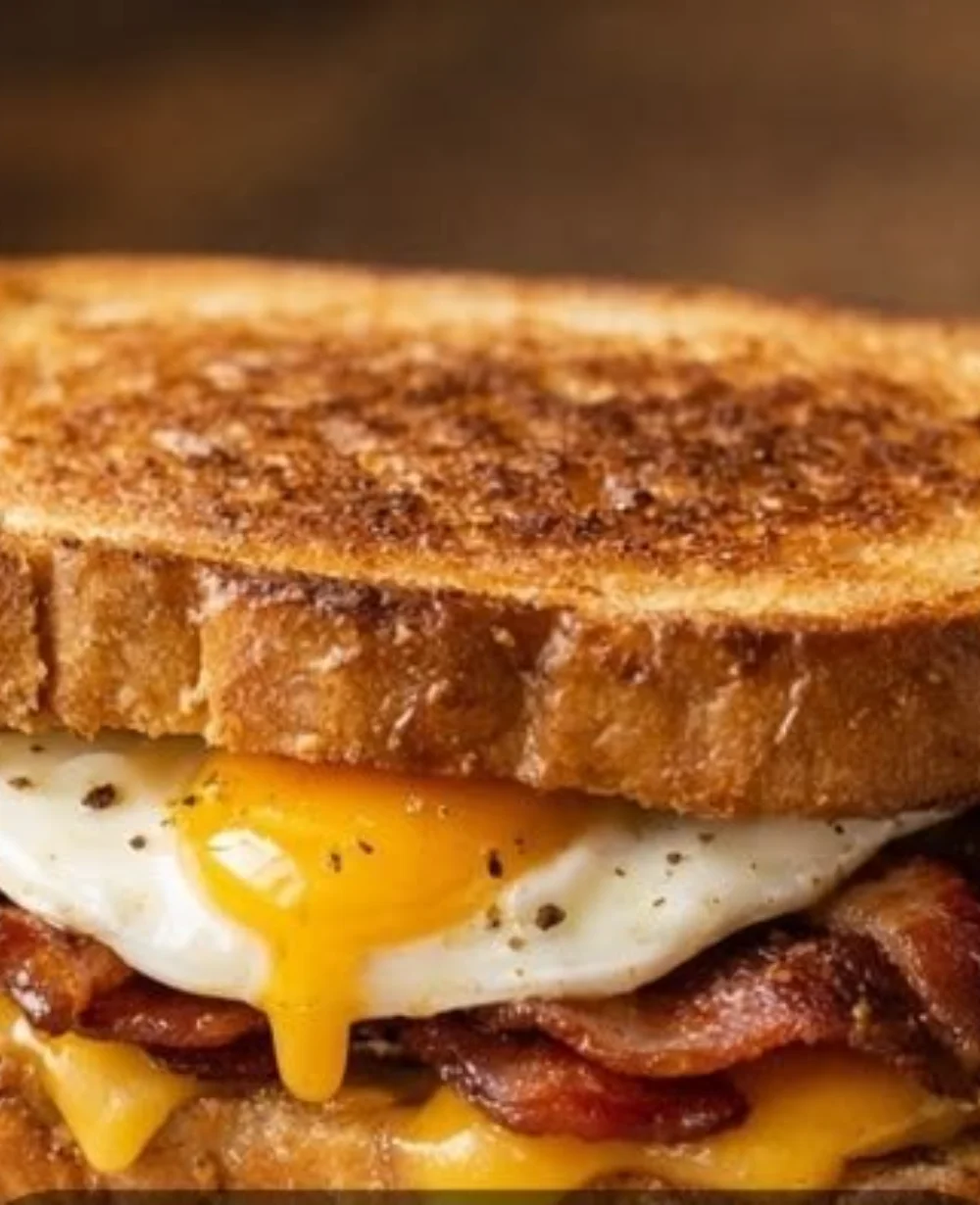 Delicious air fryer breakfast sandwich with eggs, cheese, and ham in a toasted bun.