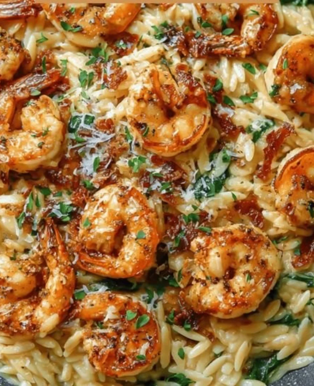 Delicious one pan Parmesan shrimp orzo dish with shrimp and pasta in a creamy sauce.