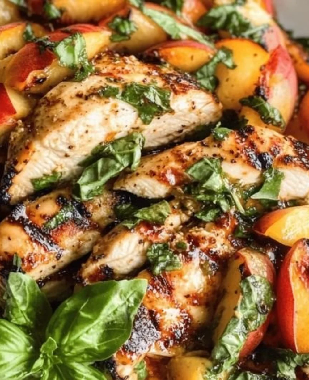 Peach Caprese Grilled Chicken served with fresh herbs and mozzarella