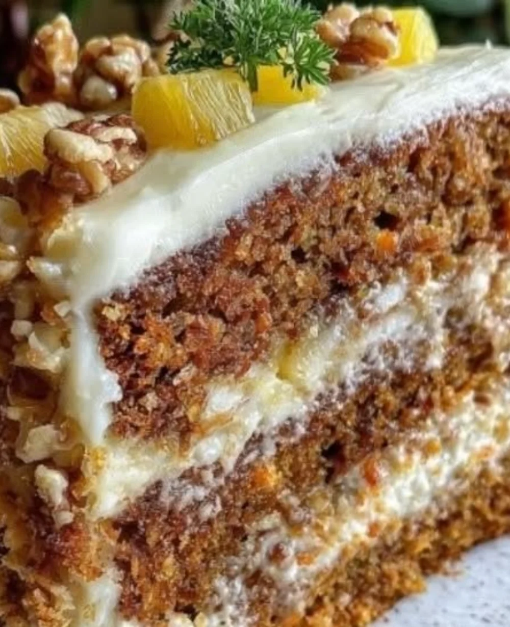 Pineapple Carrot Cream Cake topped with cream and garnished with pineapple slices.