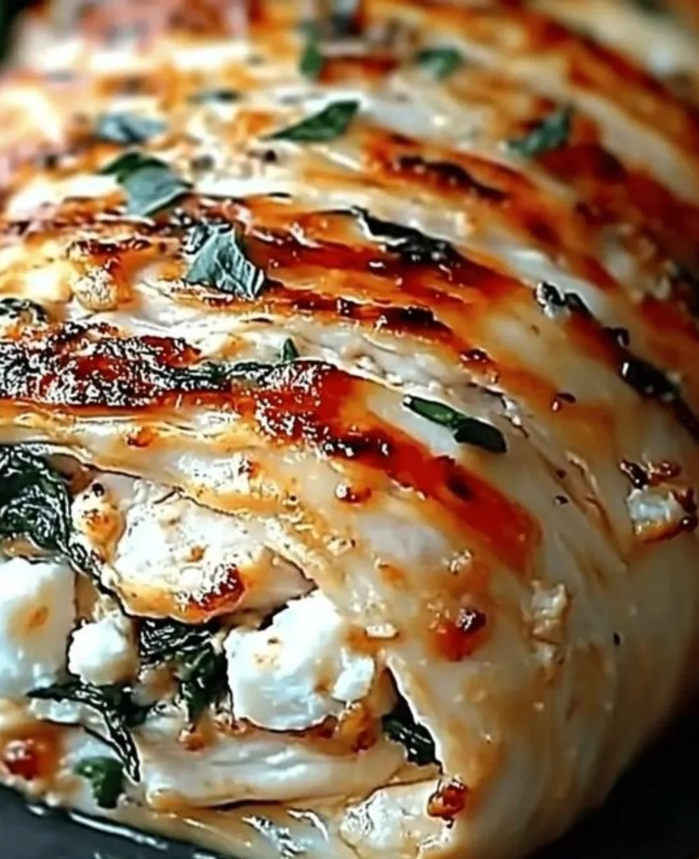 Rolled chicken stuffed with feta cheese and spinach, garnished and ready to serve