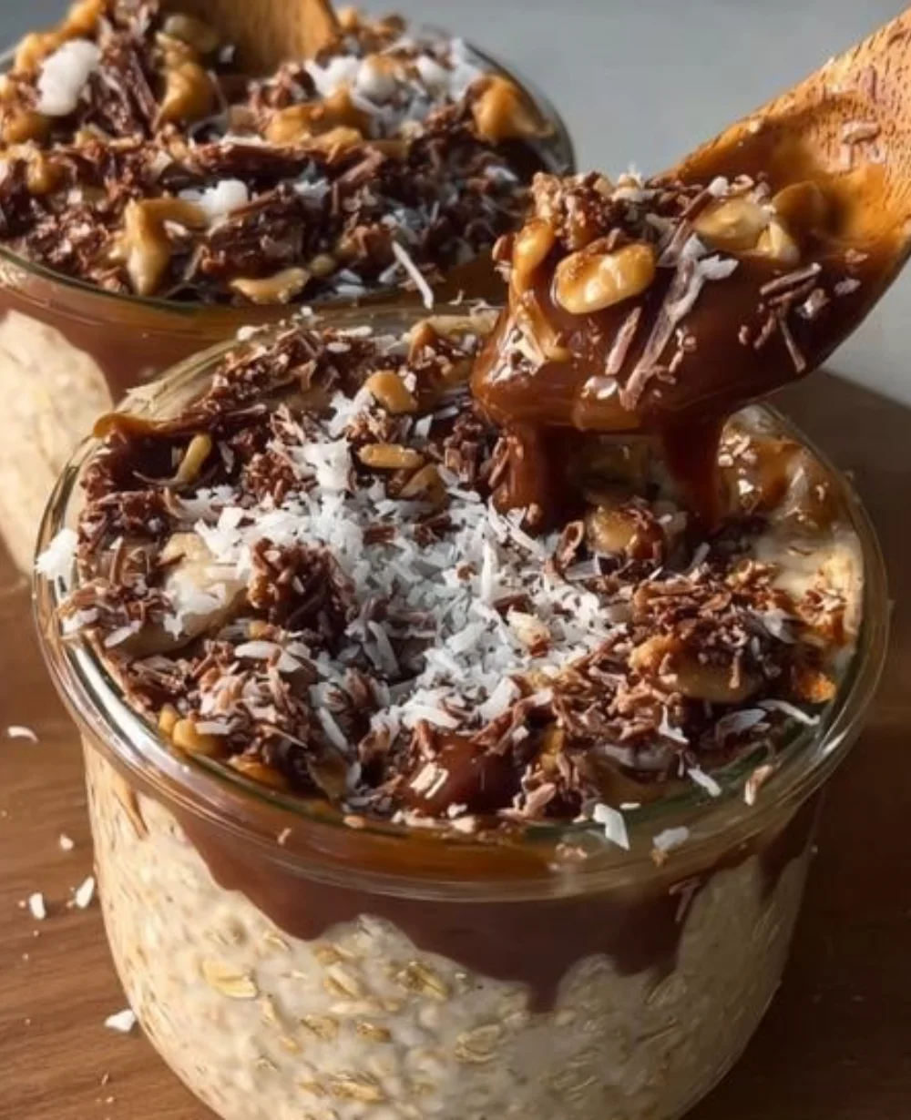Bowl of Samoa Cookie Overnight Oats topped with coconut and caramel