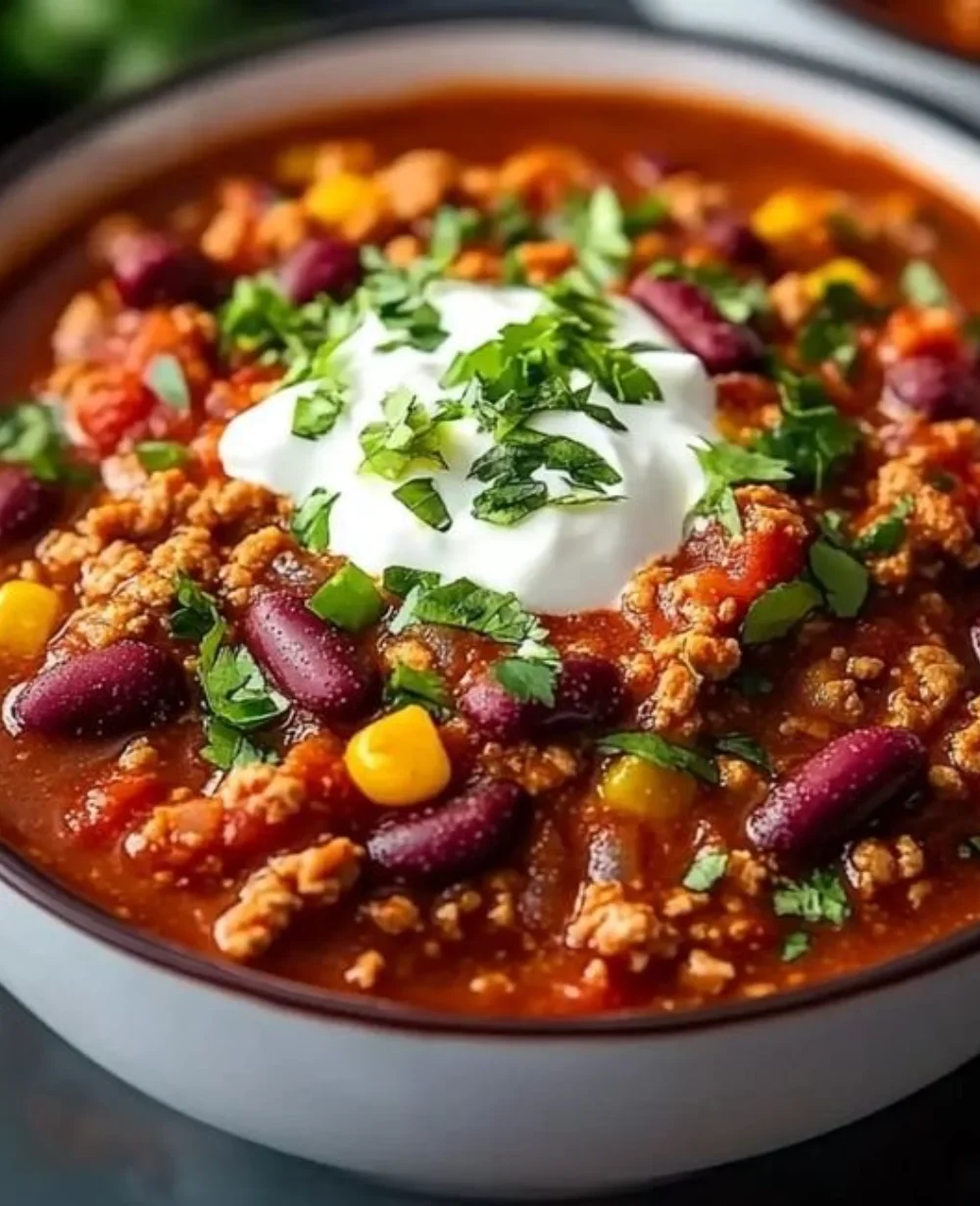 Bowl of healthy turkey chili topped with herbs and spices