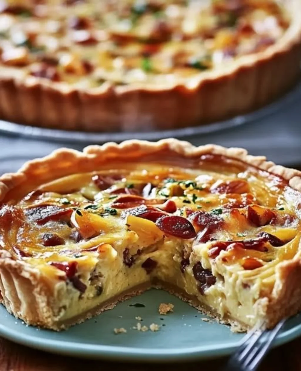 Savory cowboy quiche in a deep dish, featuring eggs, sausage, and cheese