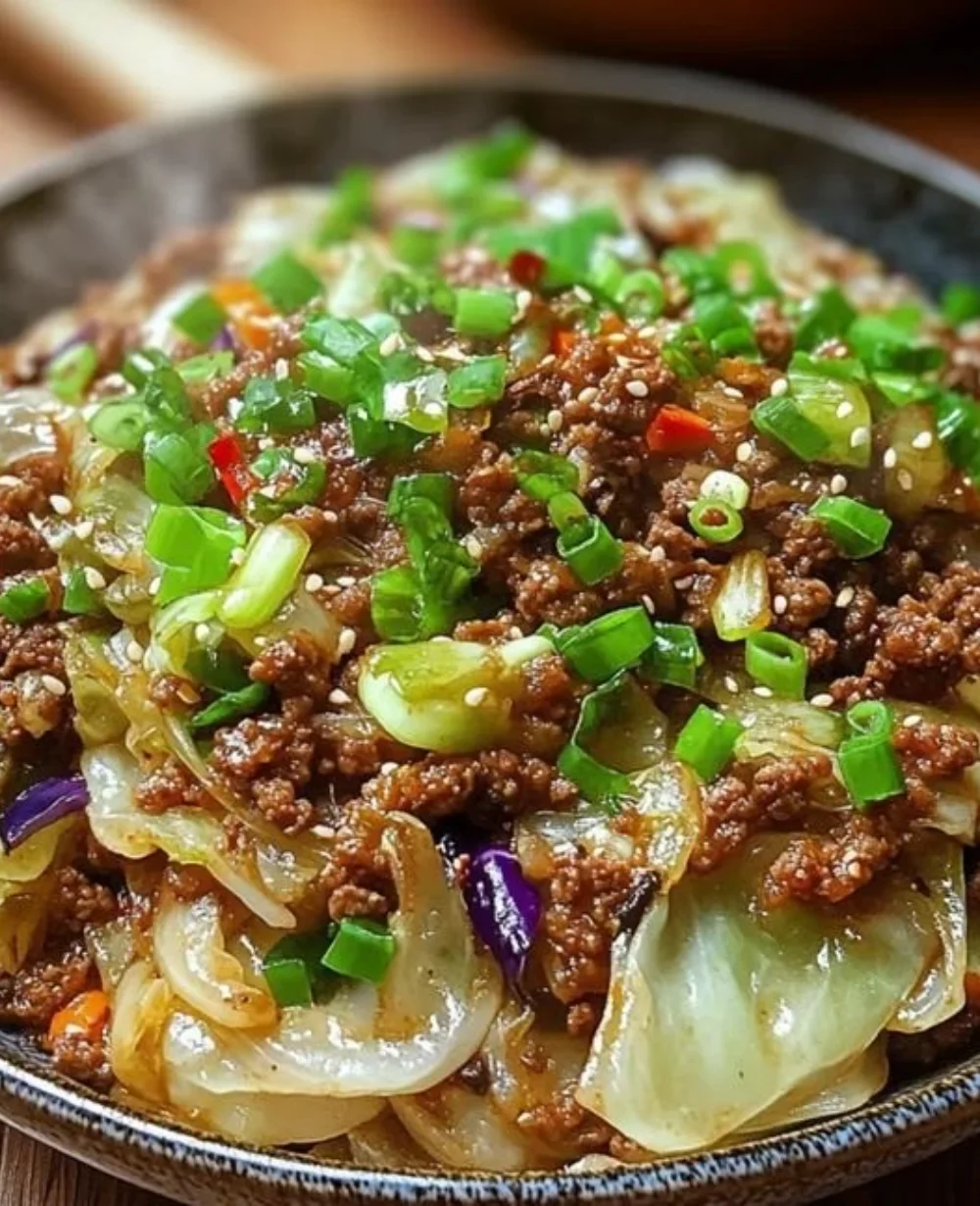 Savory low-carb Mongolian ground beef and cabbage dish in a bowl
