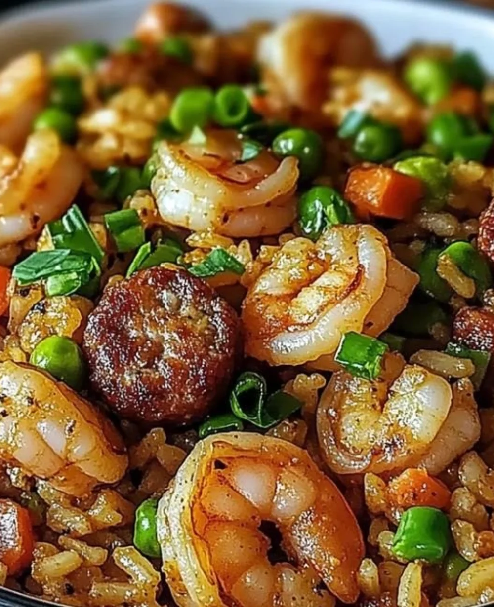 Bowl of shrimp sausage dirty rice served with herbs and spices