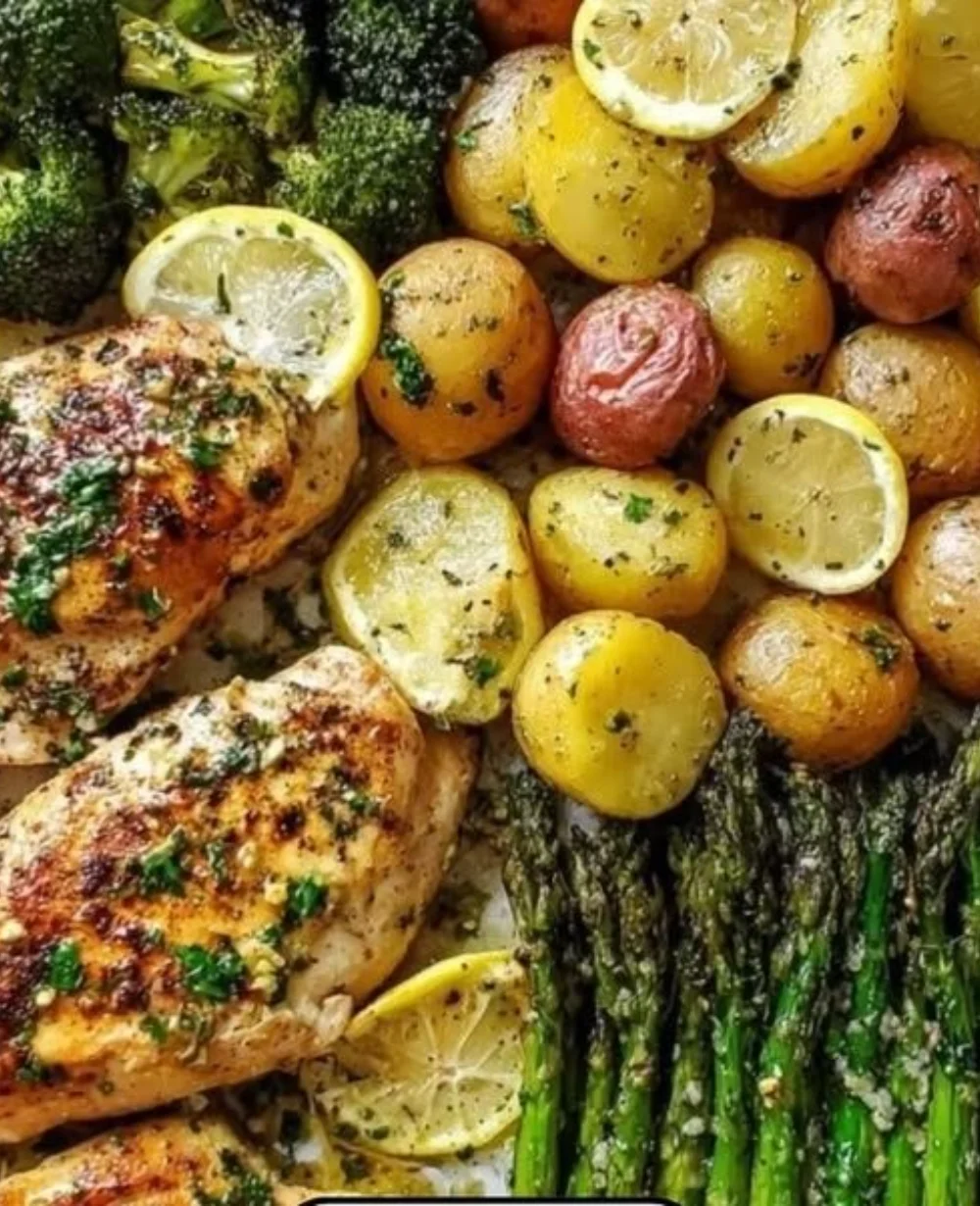 Sheet Pan Garlic Butter Chicken with fresh veggies in a cozy dinner setting.
