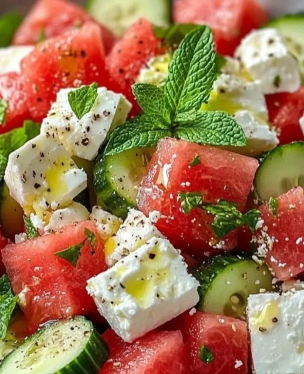 Colorful watermelon cucumber feta salad in a bowl ready to serve