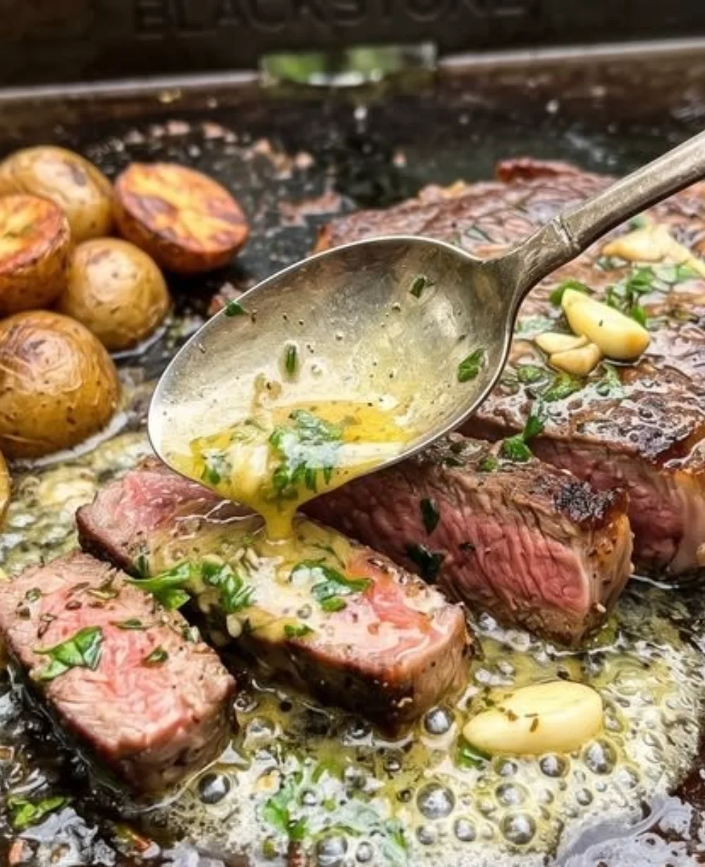 Sizzling garlic steak bites with potatoes cooked in a Blackstone skillet