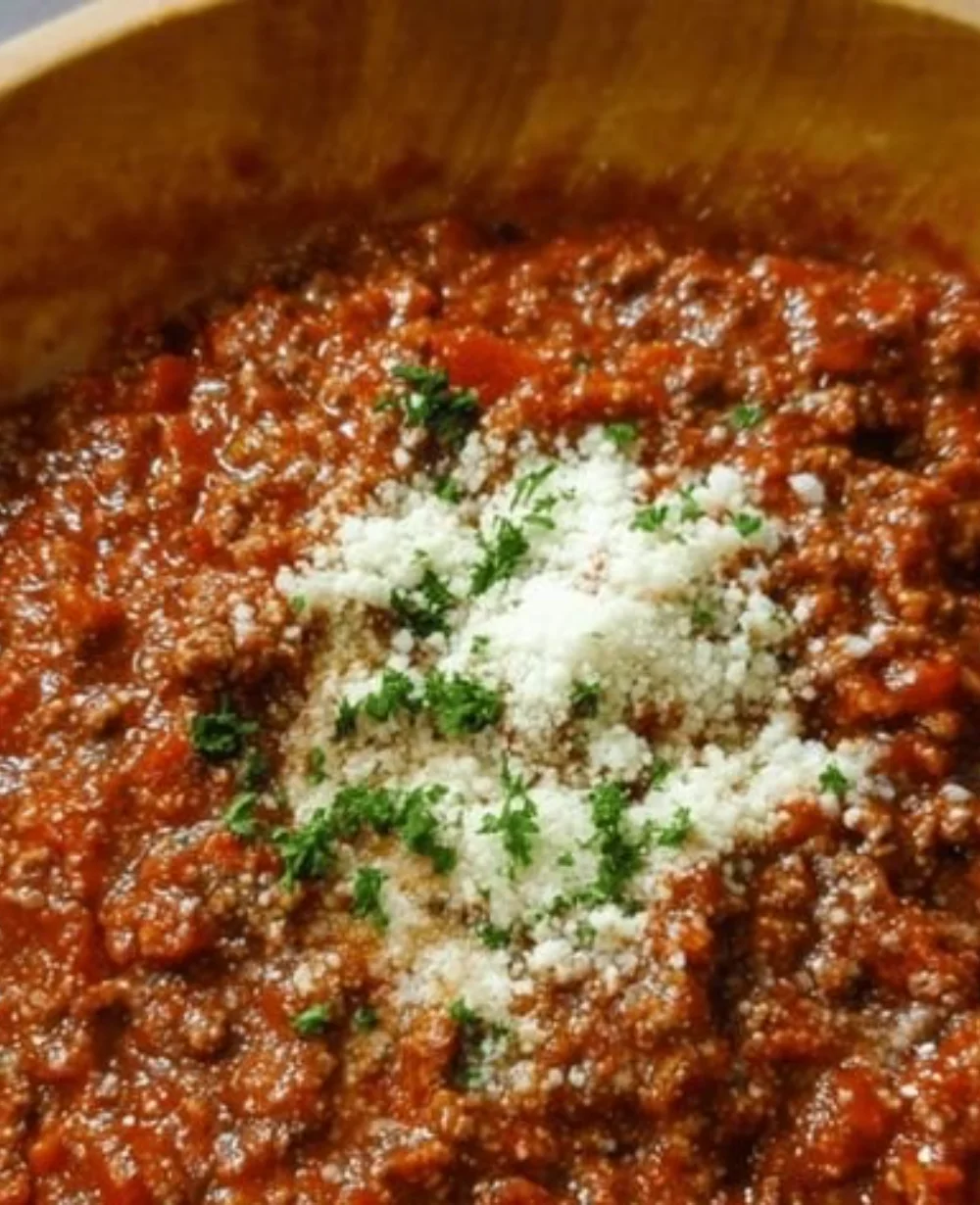 A hearty bowl of classic Bolognese sauce served over pasta, garnished with fresh herbs.