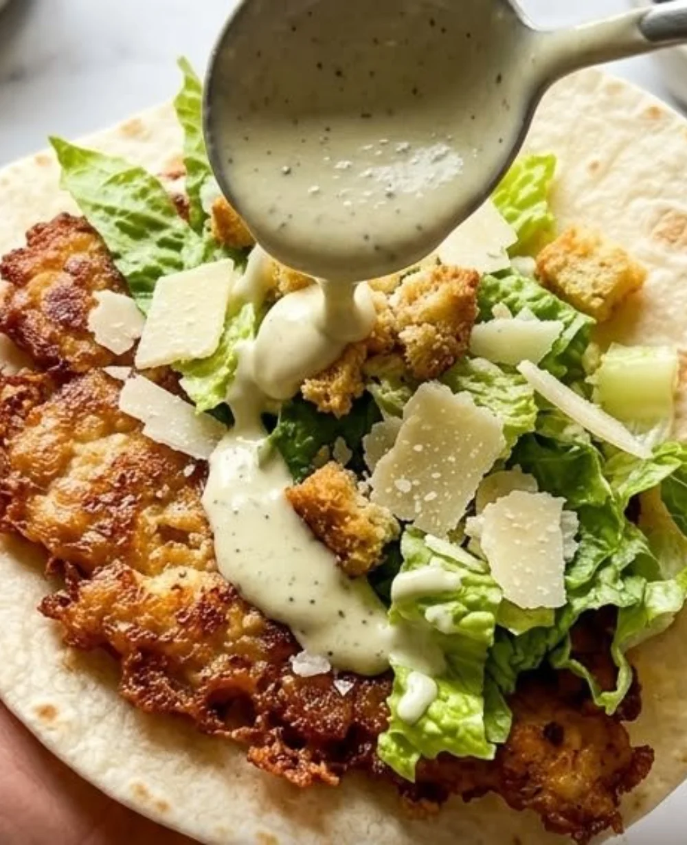 Smash Chicken Caesar Tacos with chicken, lettuce, and Caesar dressing in a taco shell
