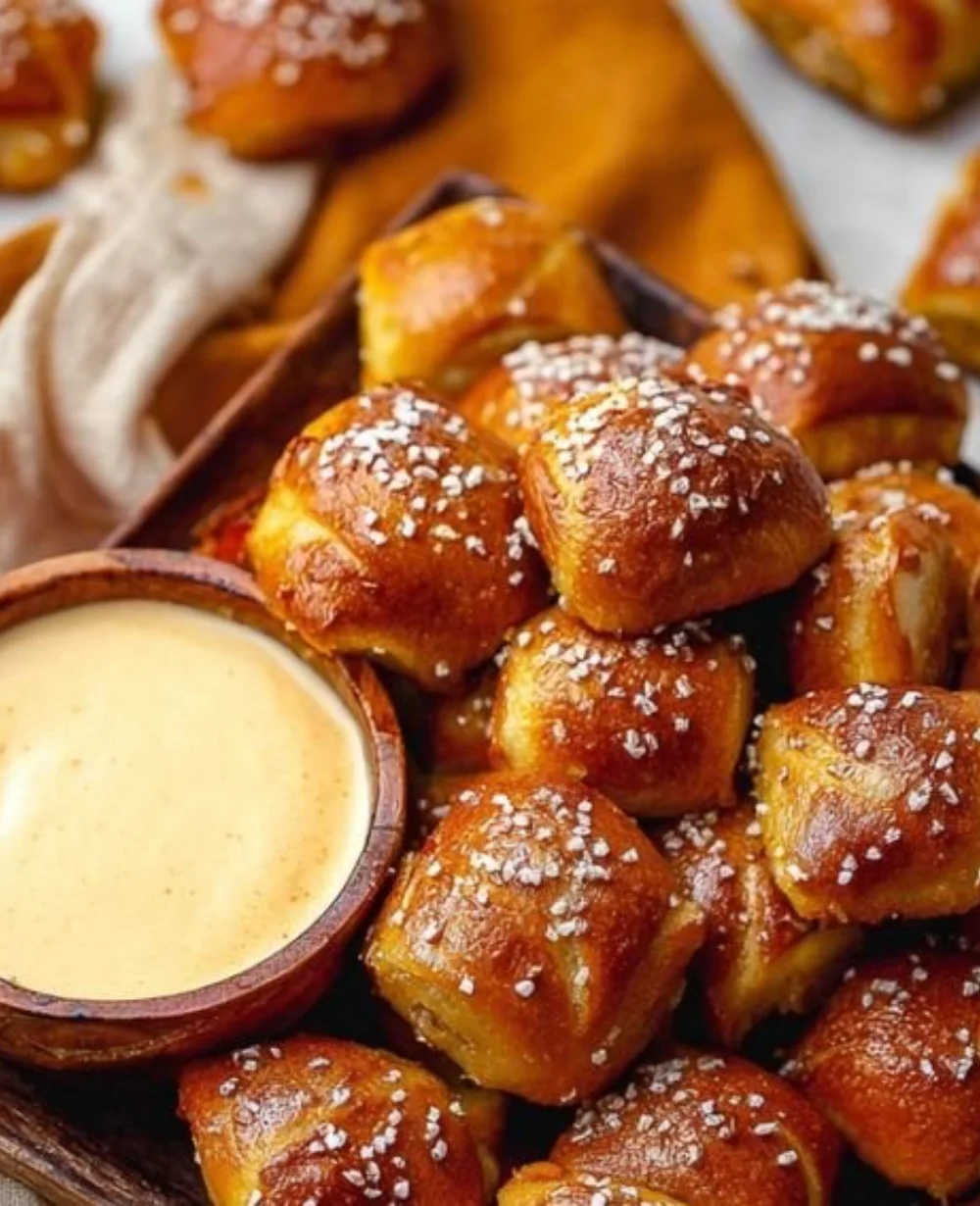 Freshly baked soft pretzel bites served with dipping sauces.