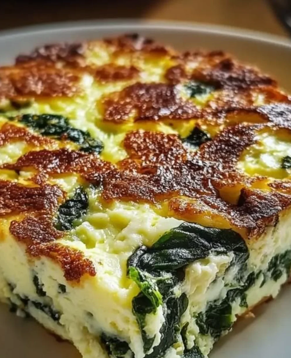 Spinach Cottage Cheese Egg Bake fresh out of the oven with herbs and cheese