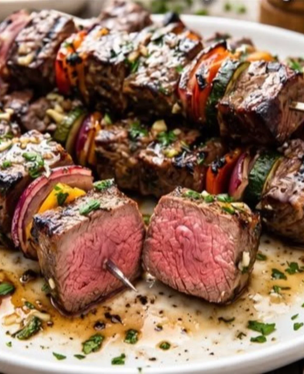Delicious steak kabobs drizzled with garlic butter ready for grilling.