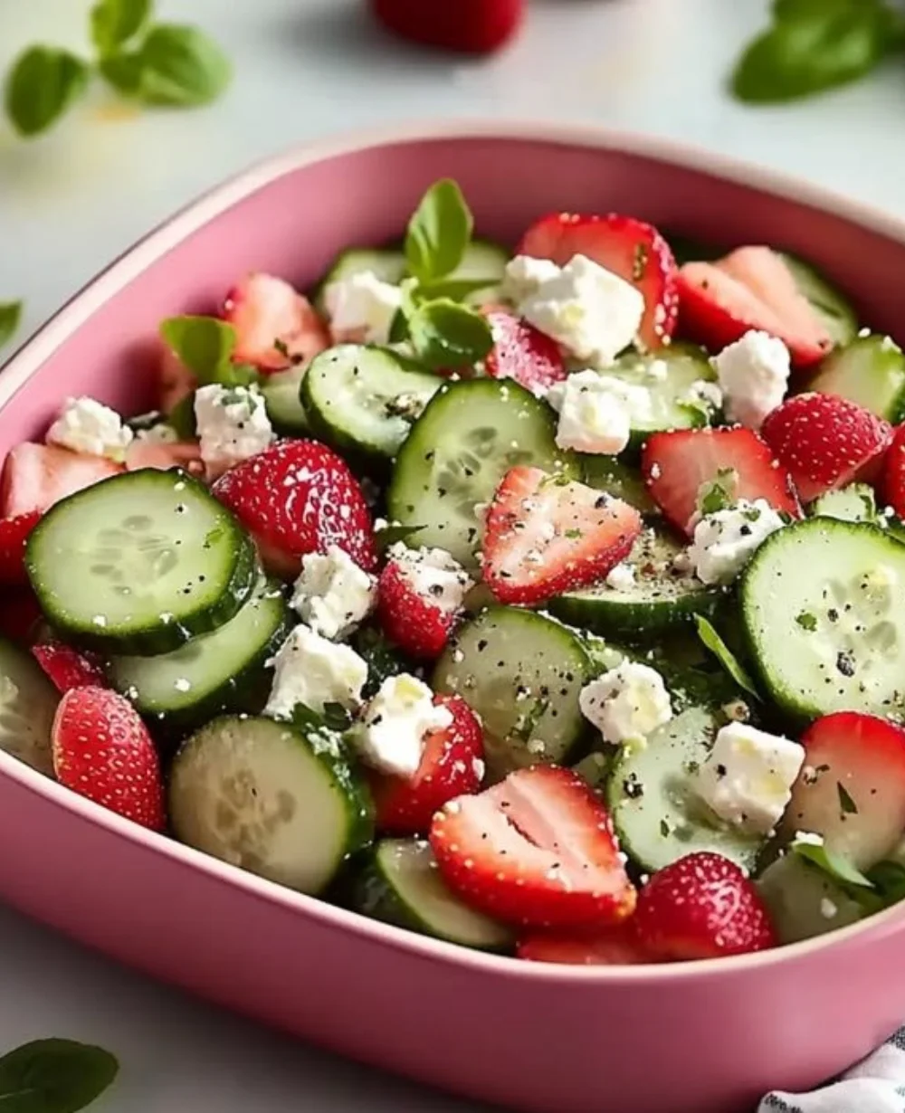 Sunlit strawberry cucumber salad with feta, a bright and refreshing dish.