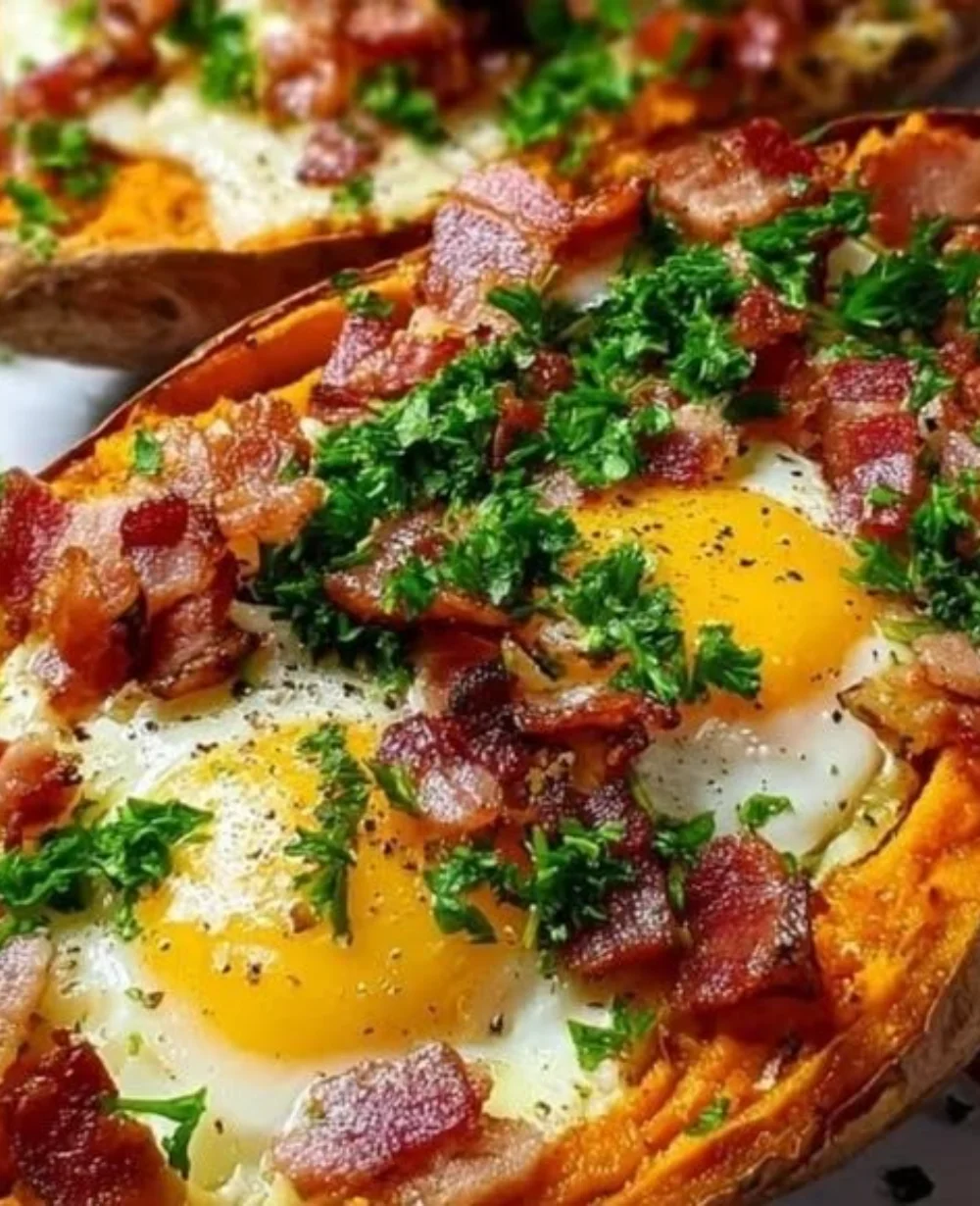 Savory sweet potato breakfast boats filled with delicious toppings for a hearty morning meal.