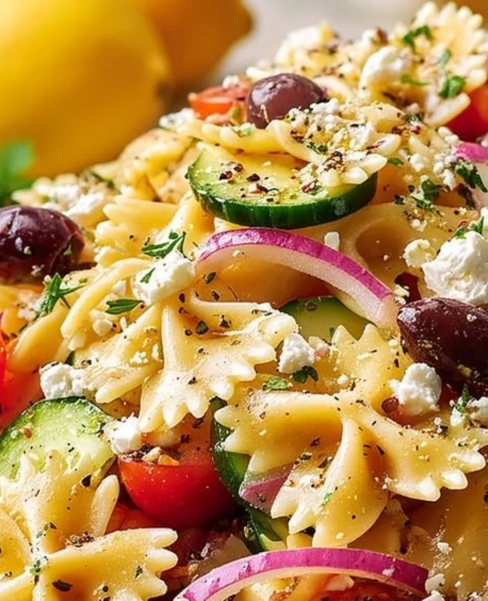 Tangy Mediterranean Pasta Salad with fresh vegetables and pasta
