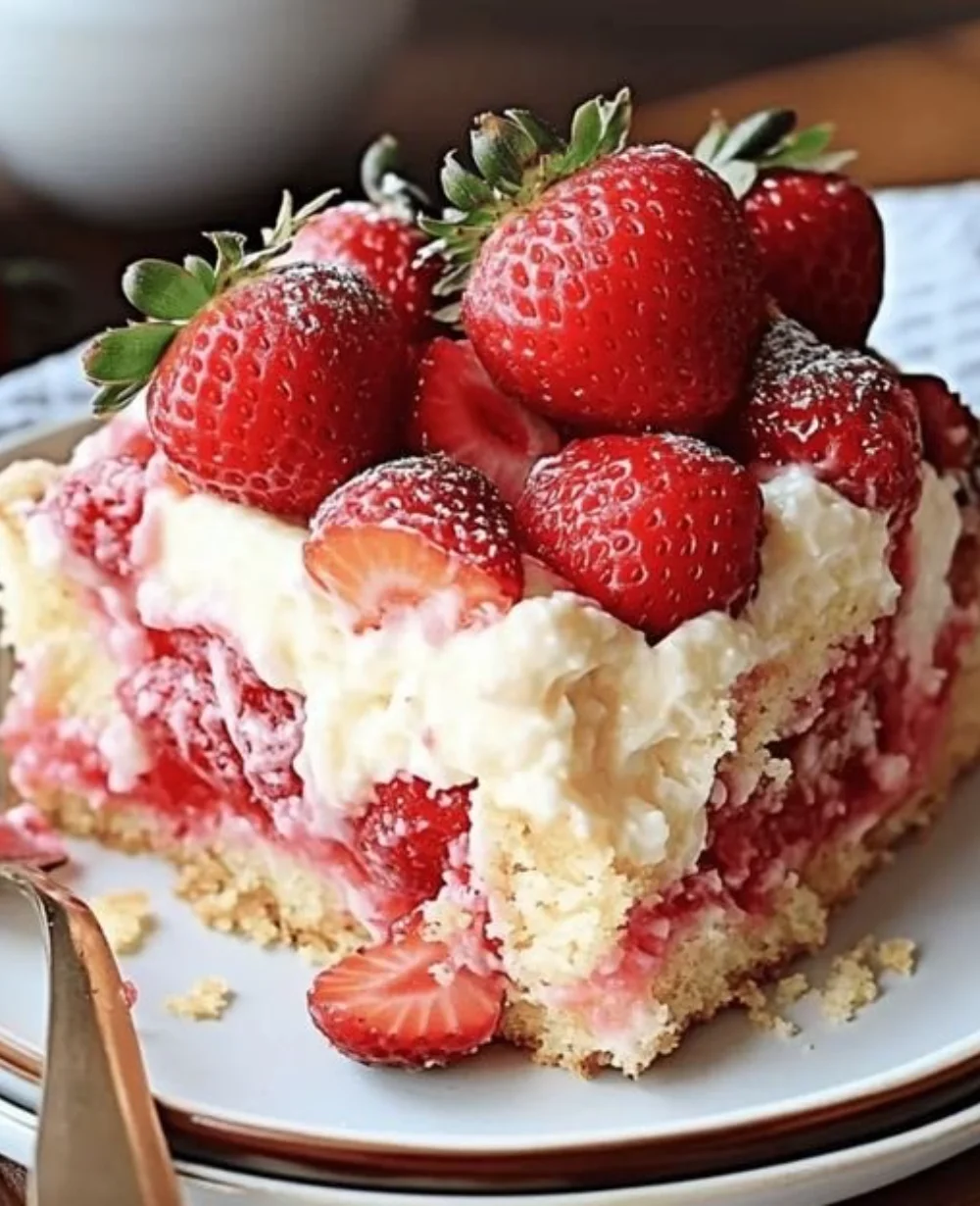 Delicious strawberry cheesecake dump cake served on a dessert plate