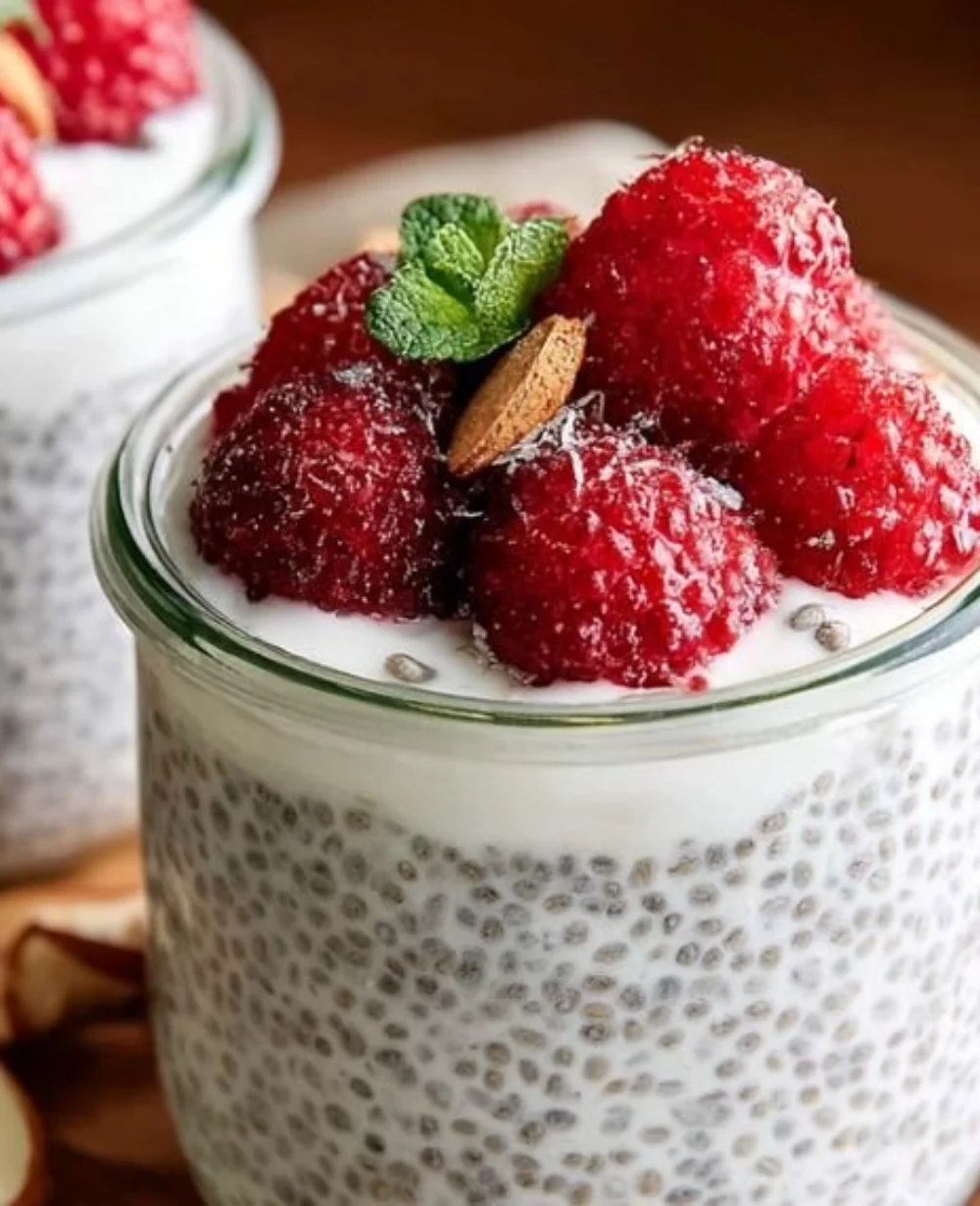 Delicious vanilla chia seed pudding topped with Greek yogurt, perfect for breakfast.
