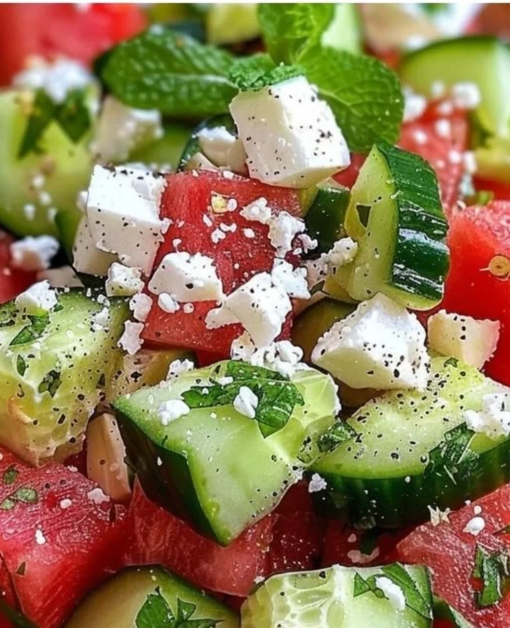 A vibrant Watermelon Cucumber Feta Salad served in a bowl with fresh ingredients.