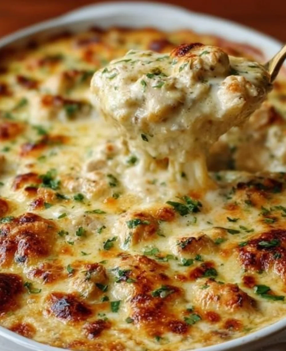 White Chicken Chili with Cottage Cheese topped in a delicious winter bake dish