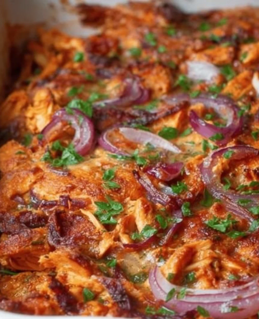 Whole30 BBQ Chicken Casserole served in a baking dish with fresh herbs
